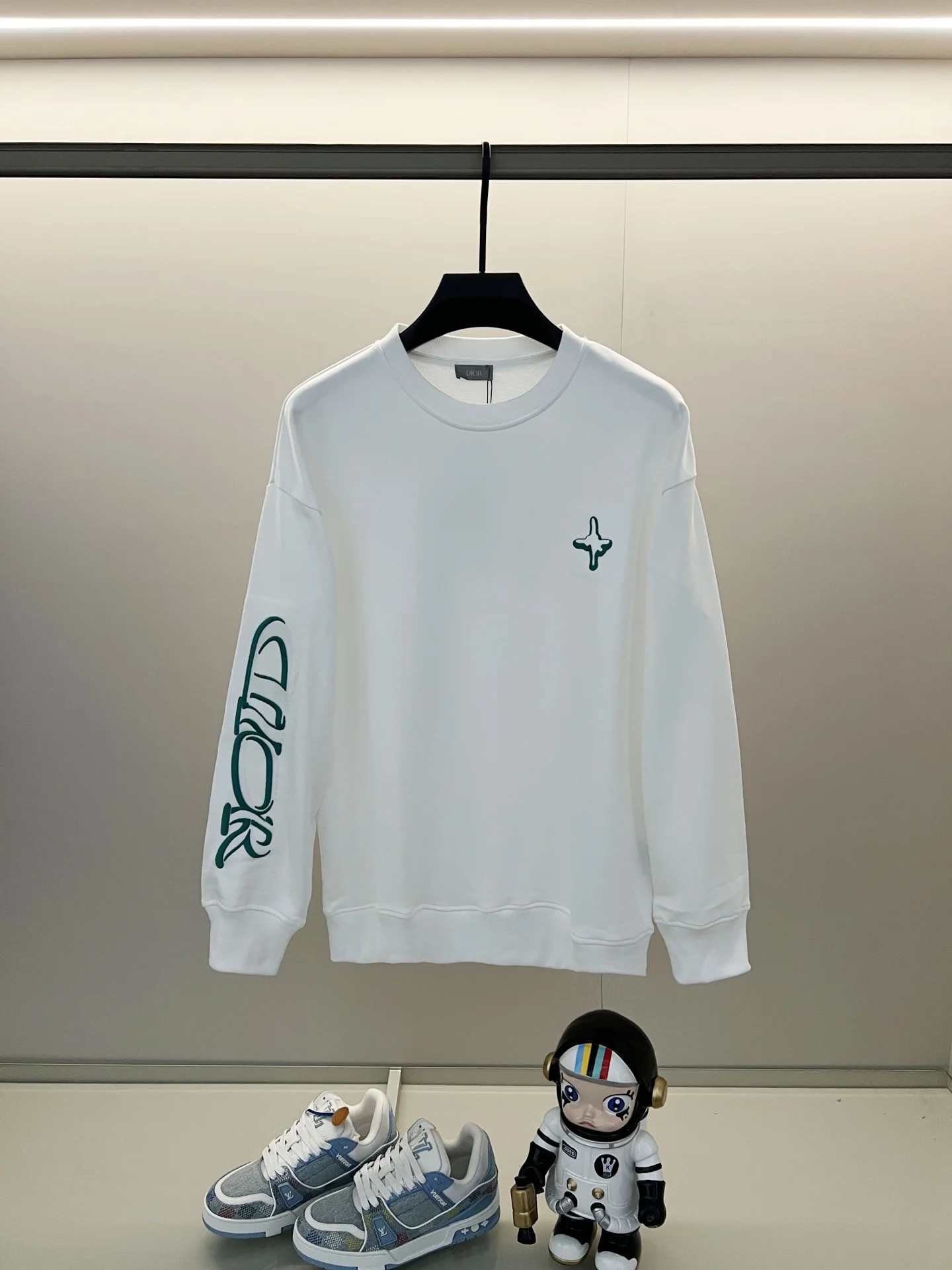 Dior White Crew-Neck Sweatshirt with Chest & Sleeve Embroidery