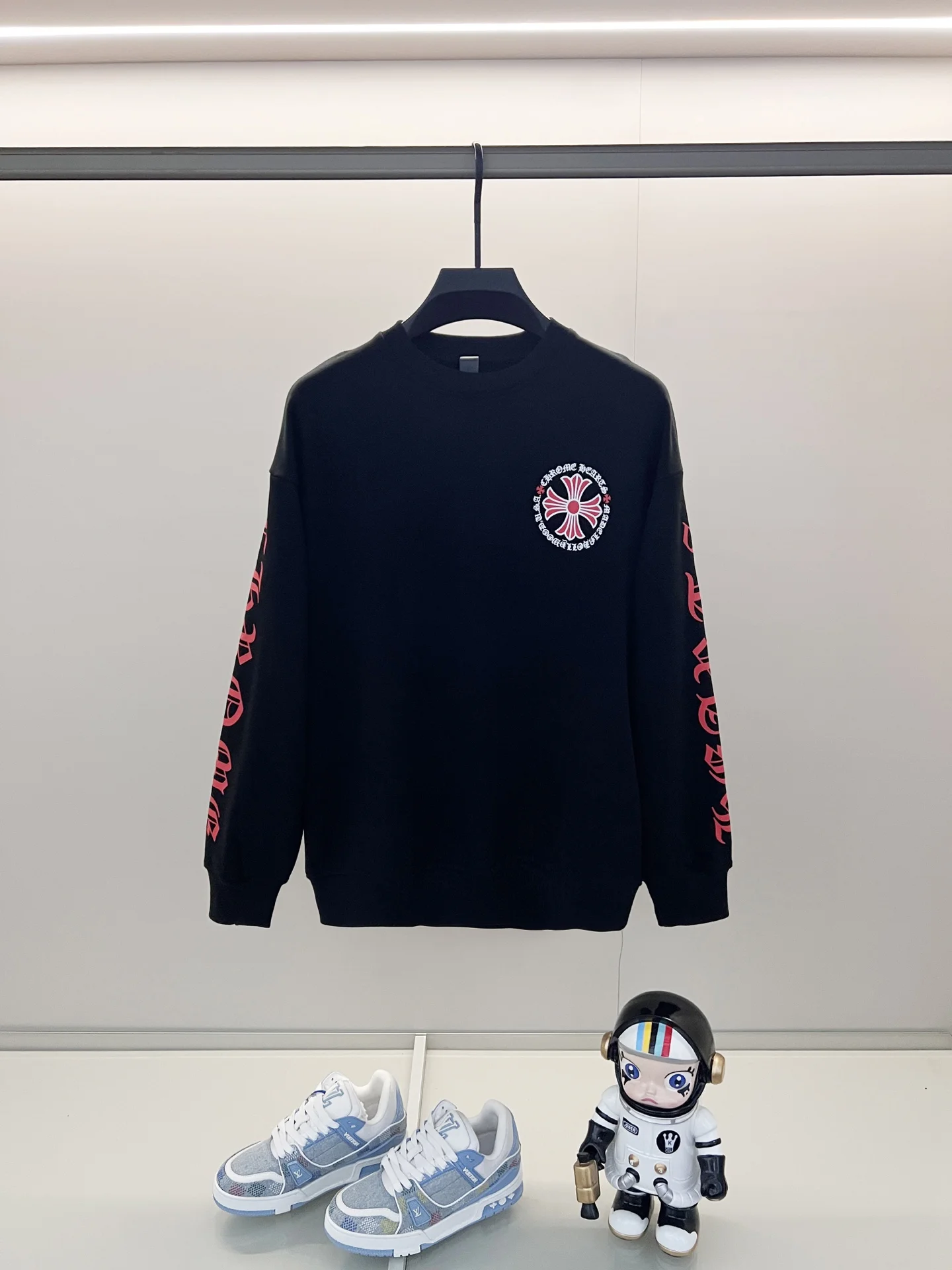 Chrome Hearts Black Crewneck Sweatshirt with Cross & Sanskrit Print