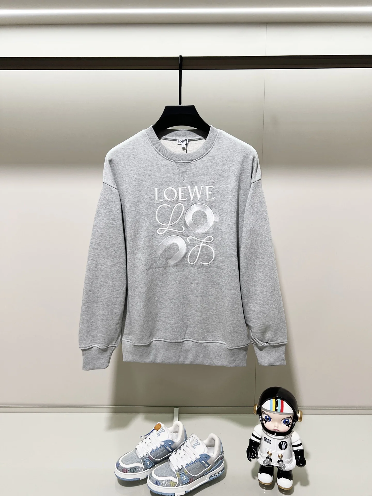 Loewe Gray Crewneck Sweatshirt with Joint Letter Embroidery