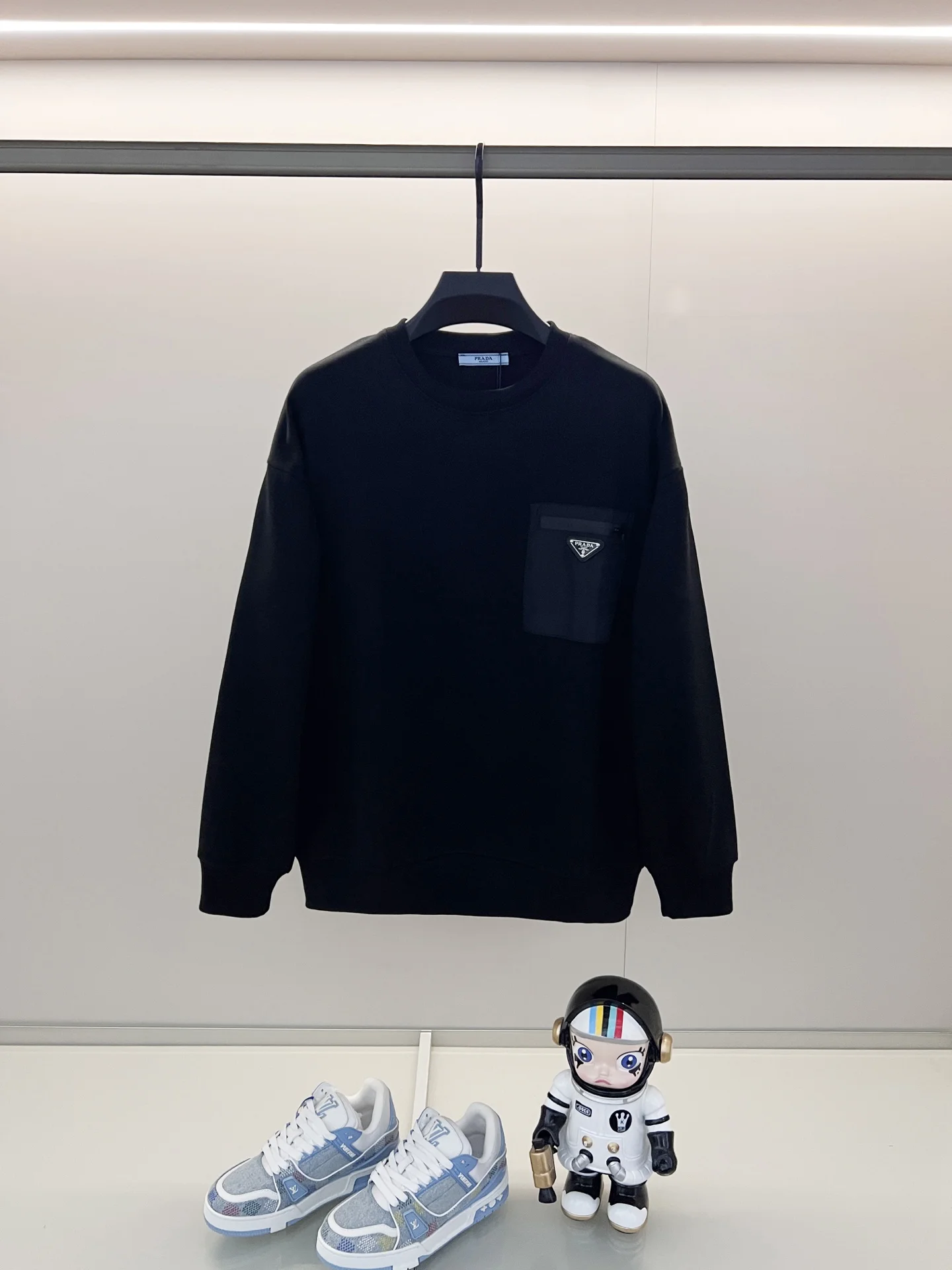 Prada Black Crew Neck Sweatshirt with Nylon Pocket & Triangle Logo