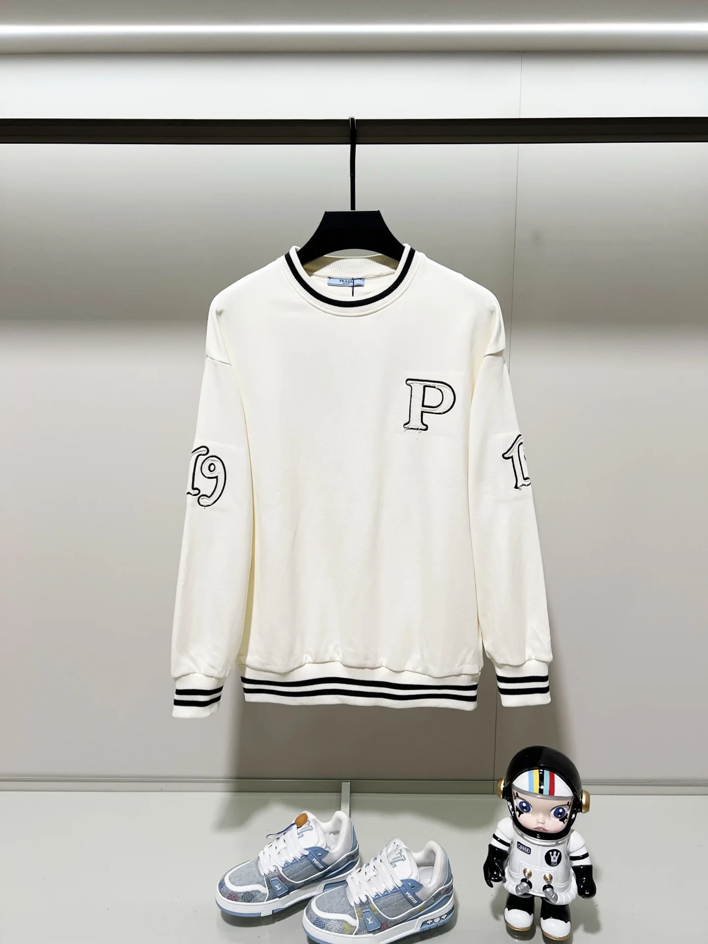 Prada Apricot Crewneck Sweatshirt with Contrast Rib Patch Embroidery