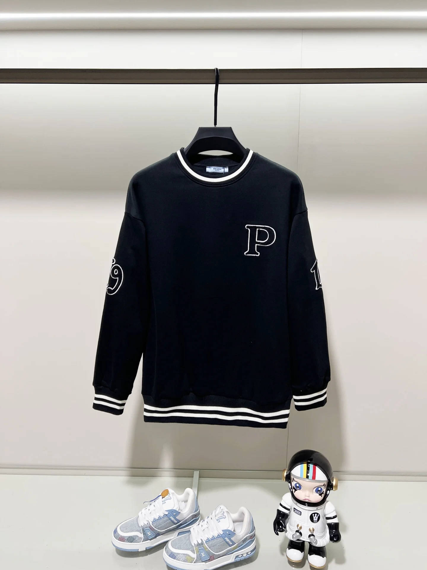 Prada Black Crew Neck Sweatshirt with Contrast Thread & Applique Logo