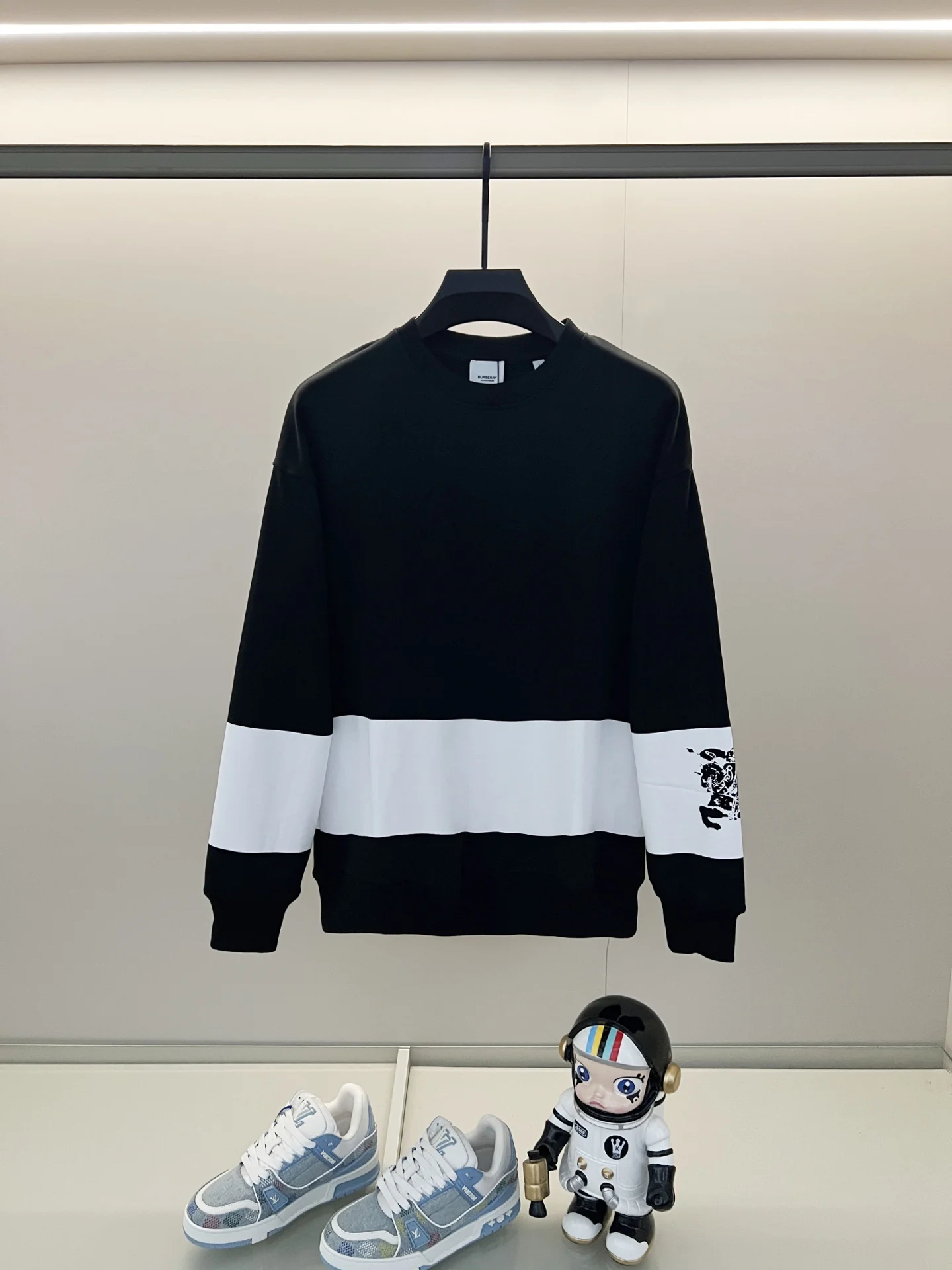 Burberry Black Crew Neck Sweatshirt with Stripe Splicing & Horse Logo
