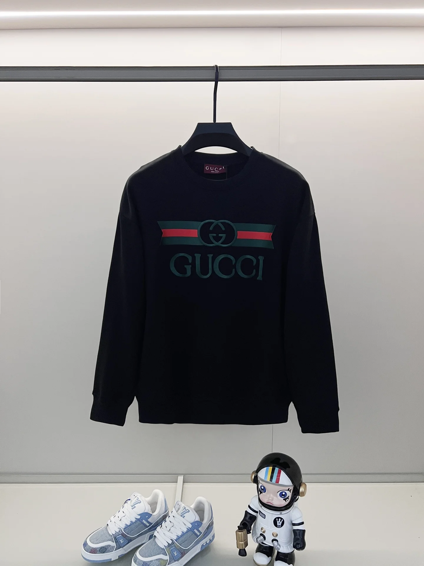 Gucci Black Crewneck Sweatshirt with Red-Green Stripe & Logo Embroidery