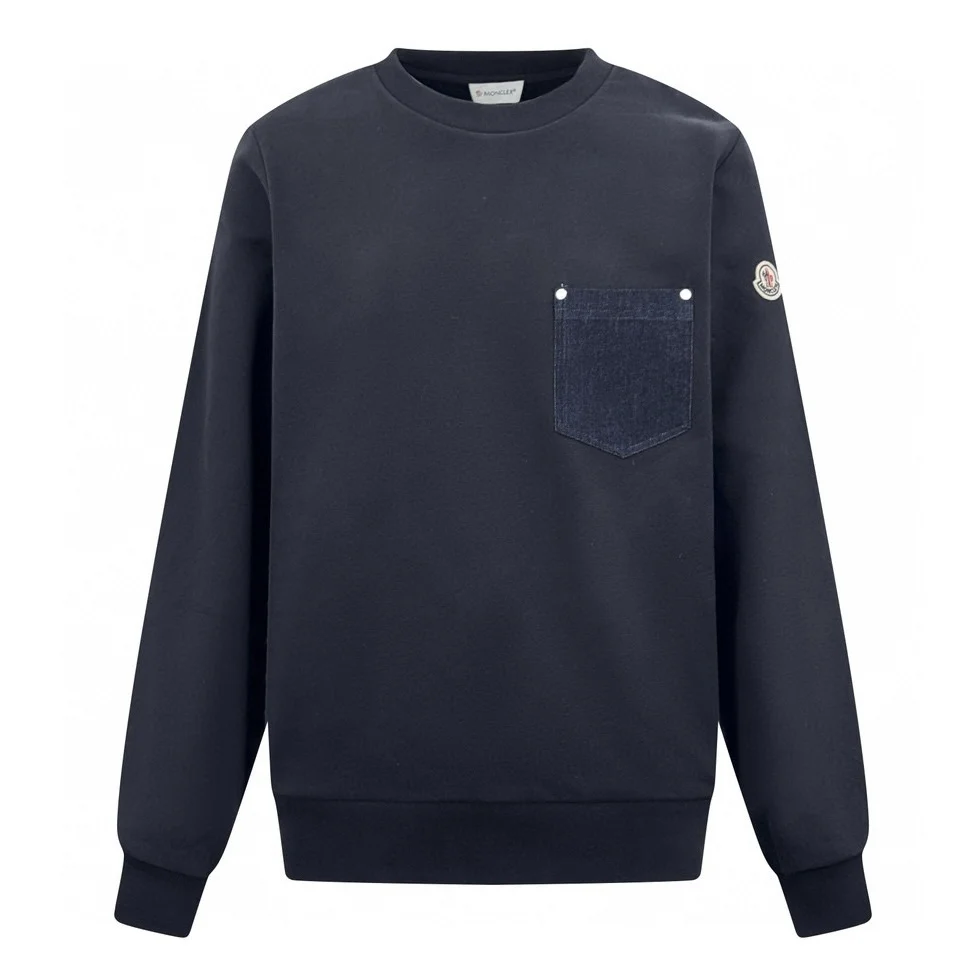 Moncler Navy Blue Crew Neck Sweatshirt with Denim Pocket & Embroidered Logo