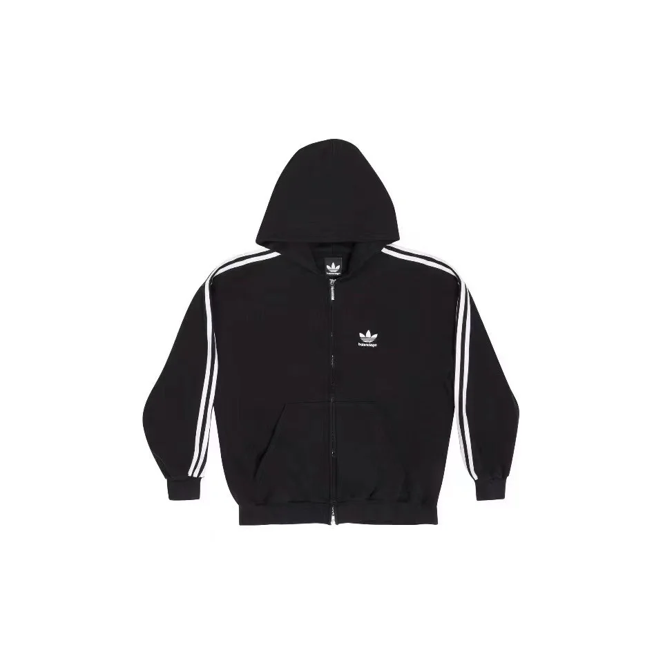 Adidas x Balenciaga FW24 Black Side Stripe Logo Print Zip Hoodie