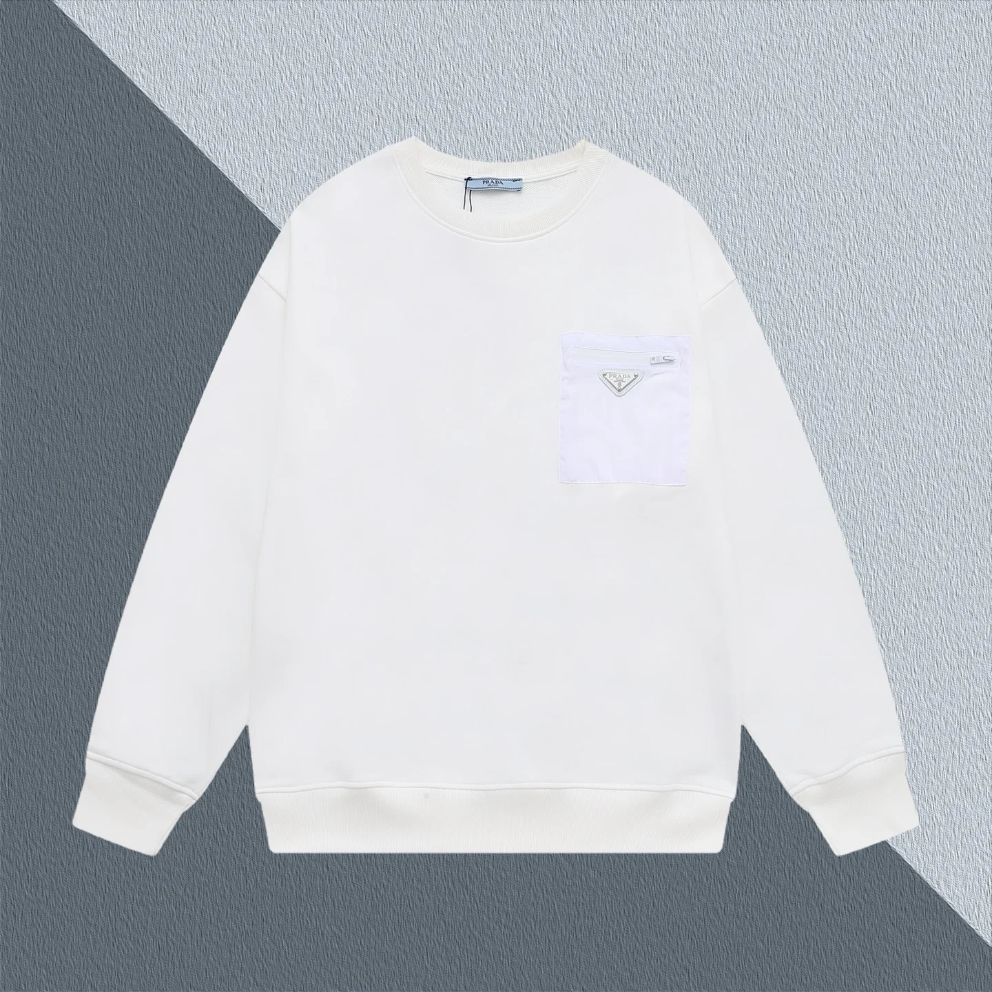Prada 25SS White Crew Neck Sweatshirt with Triangle Logo Pocket