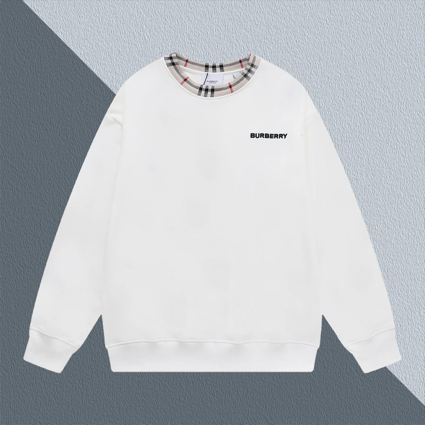 Burberry White Crewneck Sweatshirt with Checkered Neckline & 3D Embroidery