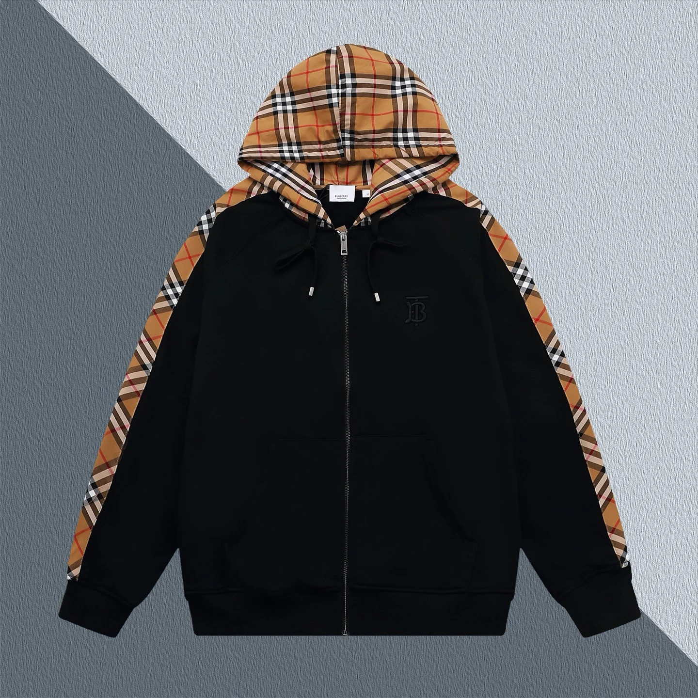 Burberry Black Checkered-Paneled TB Logo Hooded Zip-Up Sweatshirt