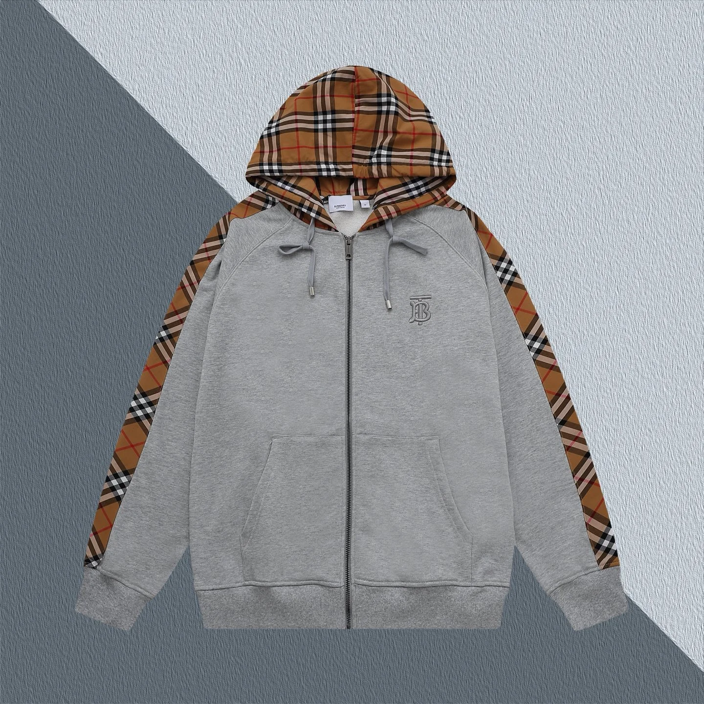 Burberry Gray Plaid-Spliced Zip-Up Hoodie with TB Logo