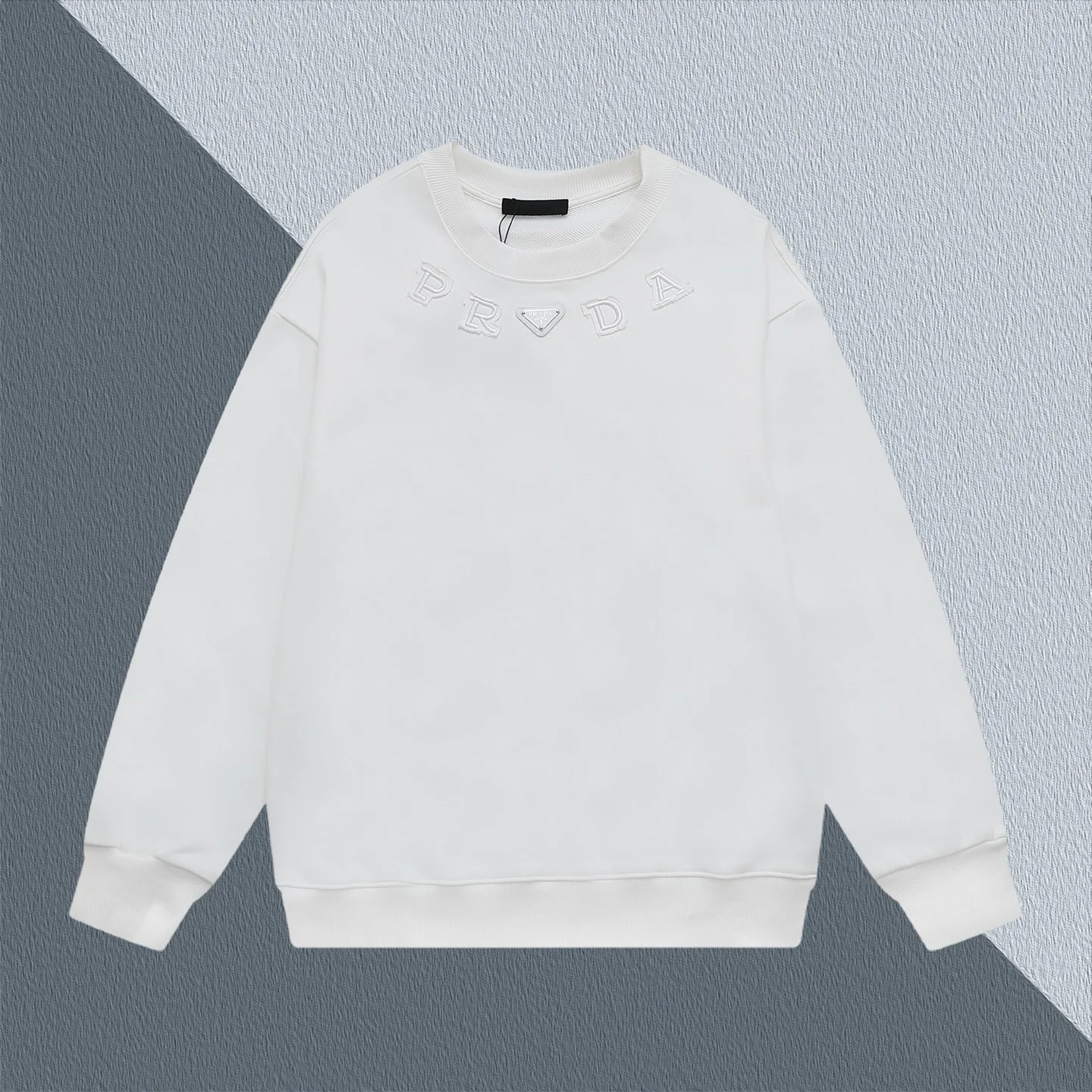 Prada White Crew Neck Sweatshirt with Zipper Pocket & Triangle Logo