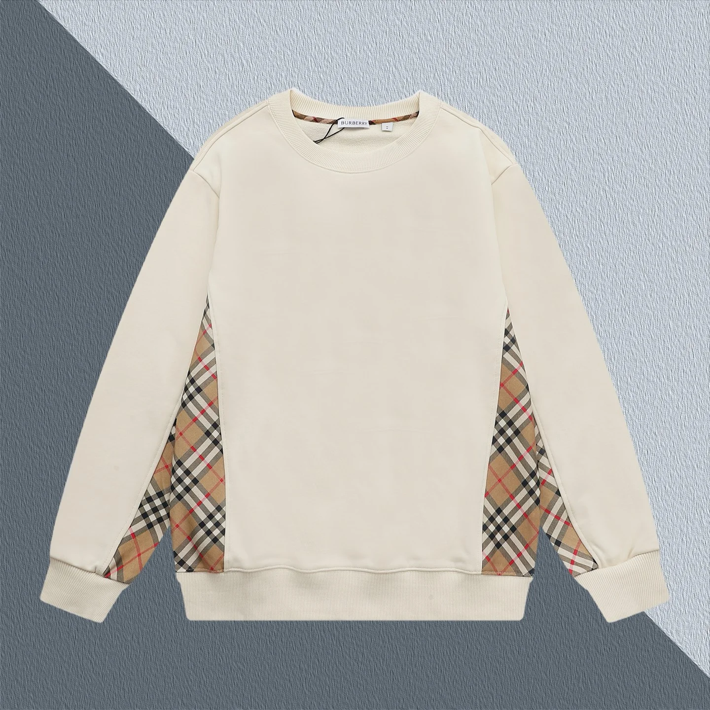 Burberry White Crew Neck Sweatshirt with Classic Plaid Panel