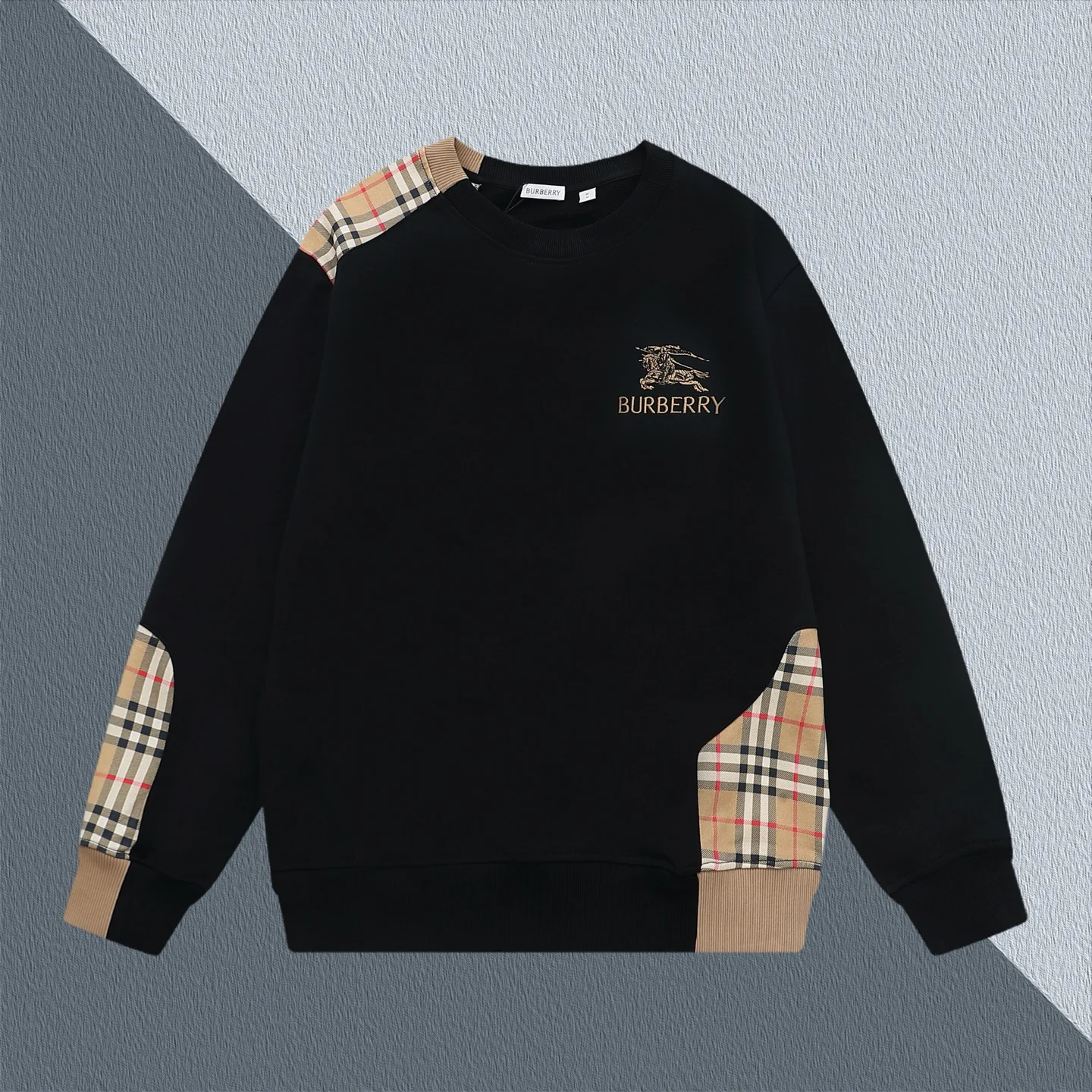 Burberry Black Plaid Patchwork Crew Neck Sweatshirt with Knight Logo
