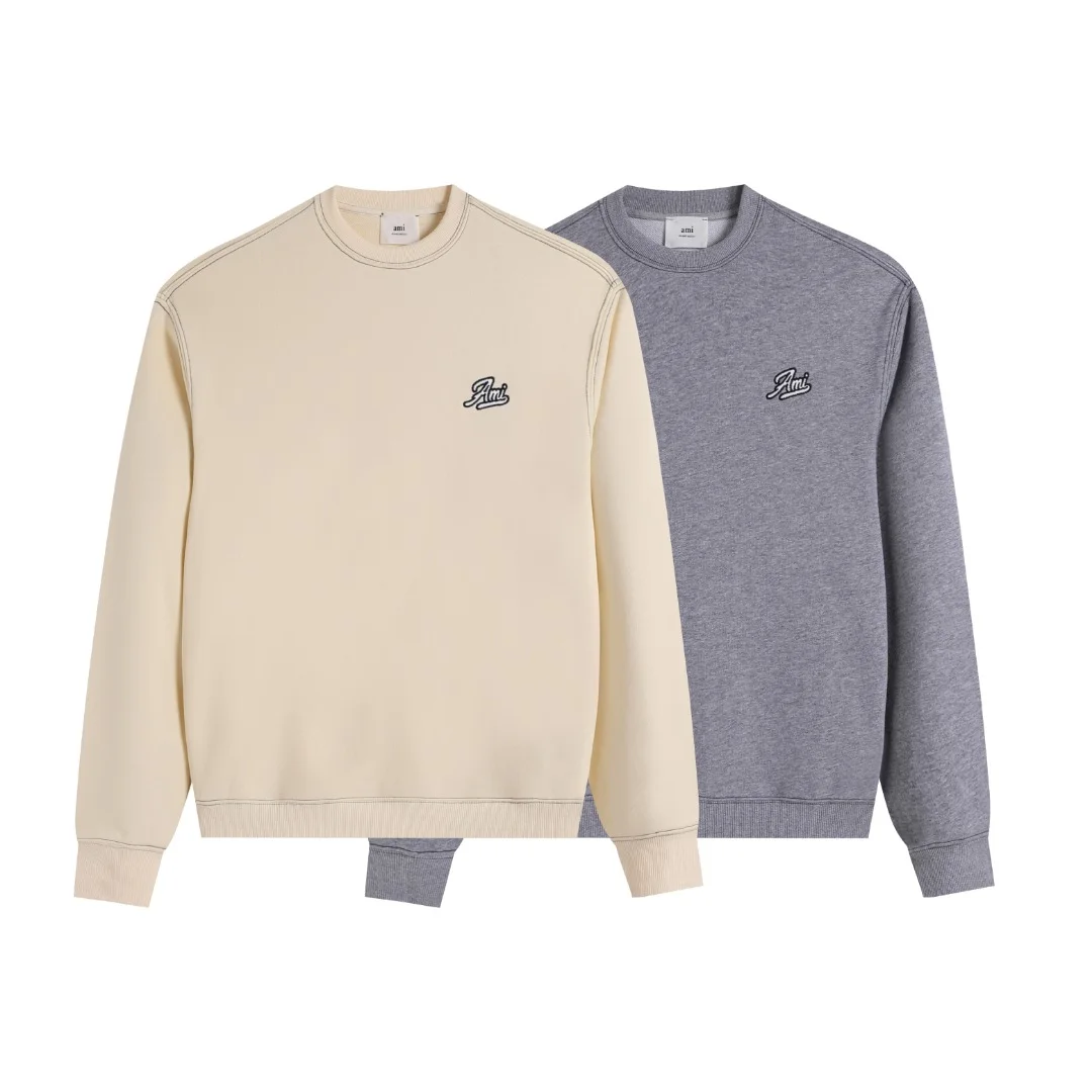 Ami AW Beige/Gray Crew Neck Sweatshirt with Embroidered Logo
