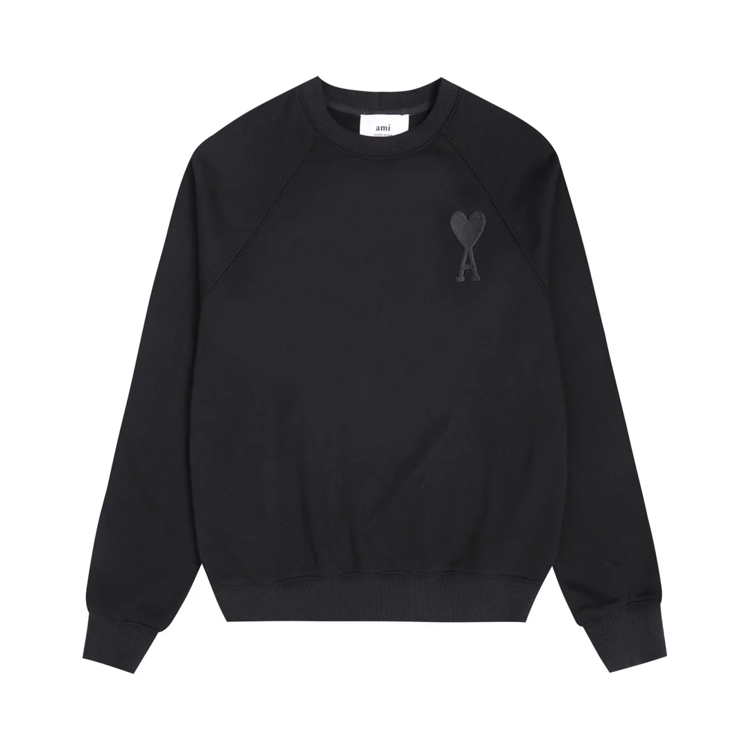Ami Black Crew Neck Sweatshirt with Heart-A Embroidery