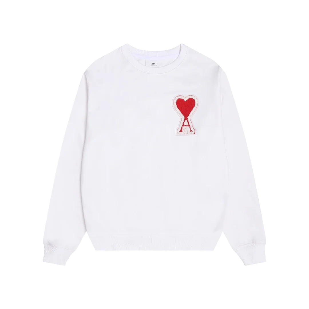 Ami 2025AW White Crewneck Sweatshirt with Red Embroidered Big Badge