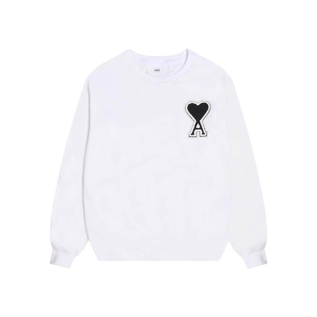 Ami 2025AW White Crew Neck Sweatshirt with Black Embroidered Badge