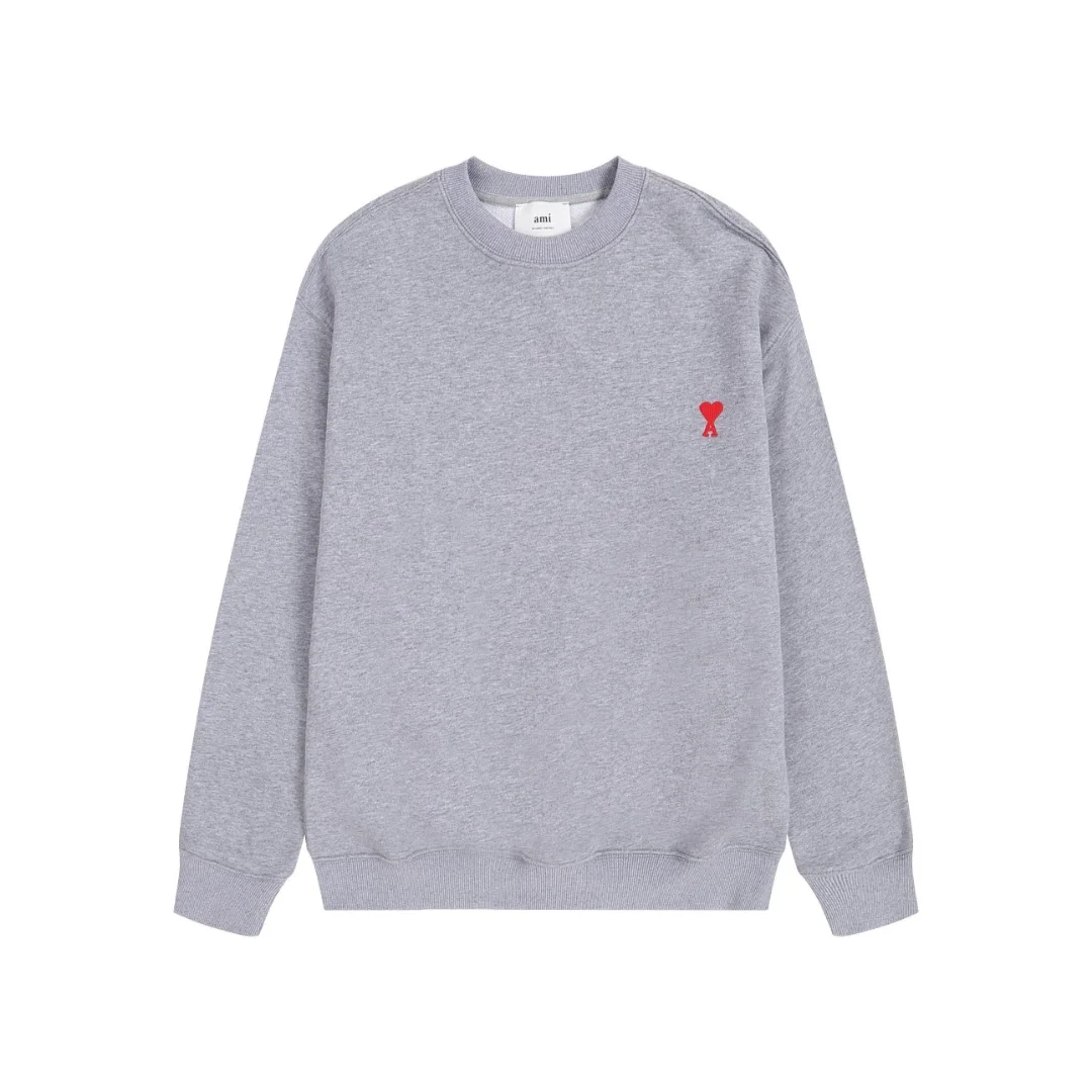 Ami 2025 Classic Gray Crew-Neck Sweatshirt with Red Heart