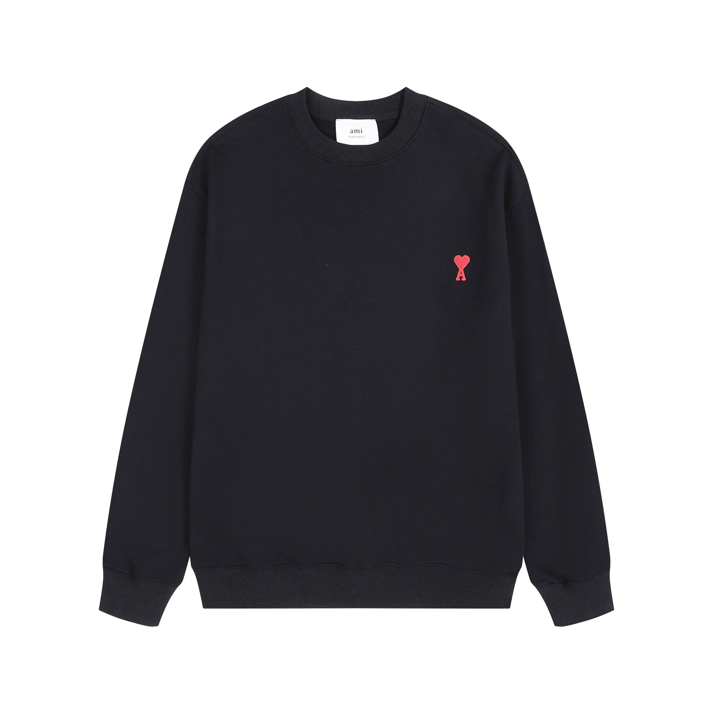 Ami 2025 Classic Black Crewneck Sweatshirt with Heart Embroidery