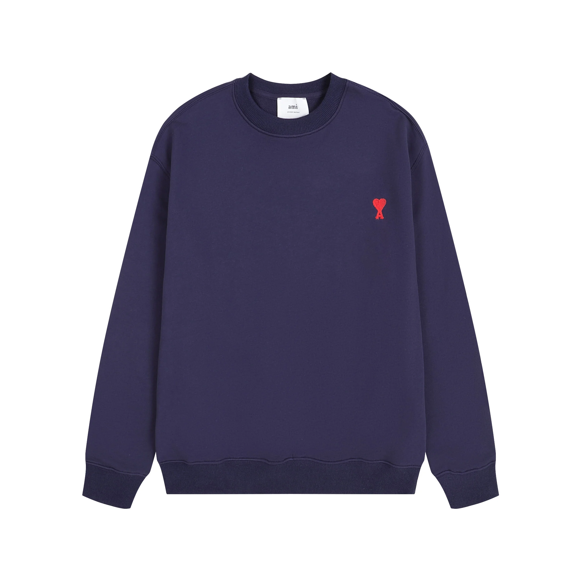 Ami 2025 Classic Navy Crewneck Sweatshirt with Red Heart