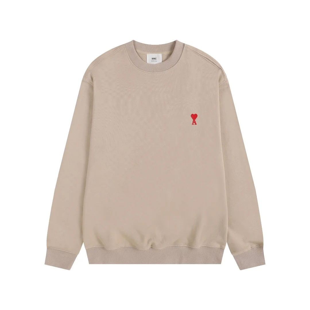 Ami 2025 Classic Beige Crew Neck Sweatshirt with Red Heart