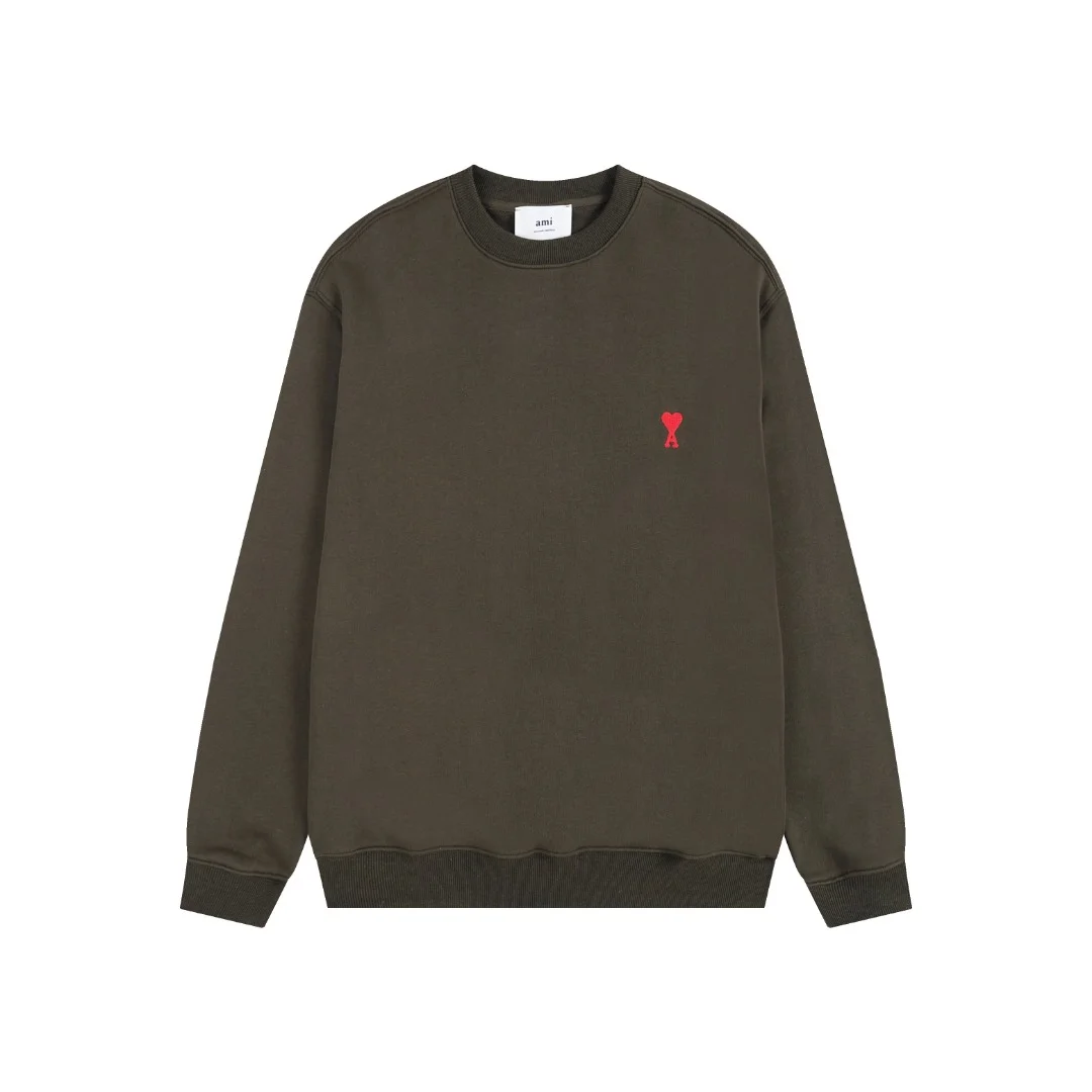 Ami 2025 Classic Brown Crewneck Sweatshirt with Red Heart