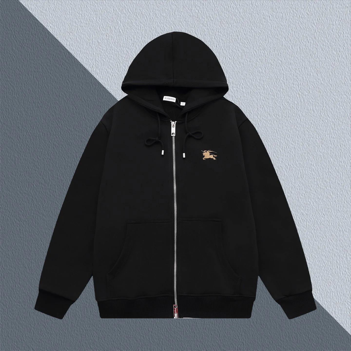 Burberry Black Hooded Zip-Up Sweatshirt with Knight Horse Logo