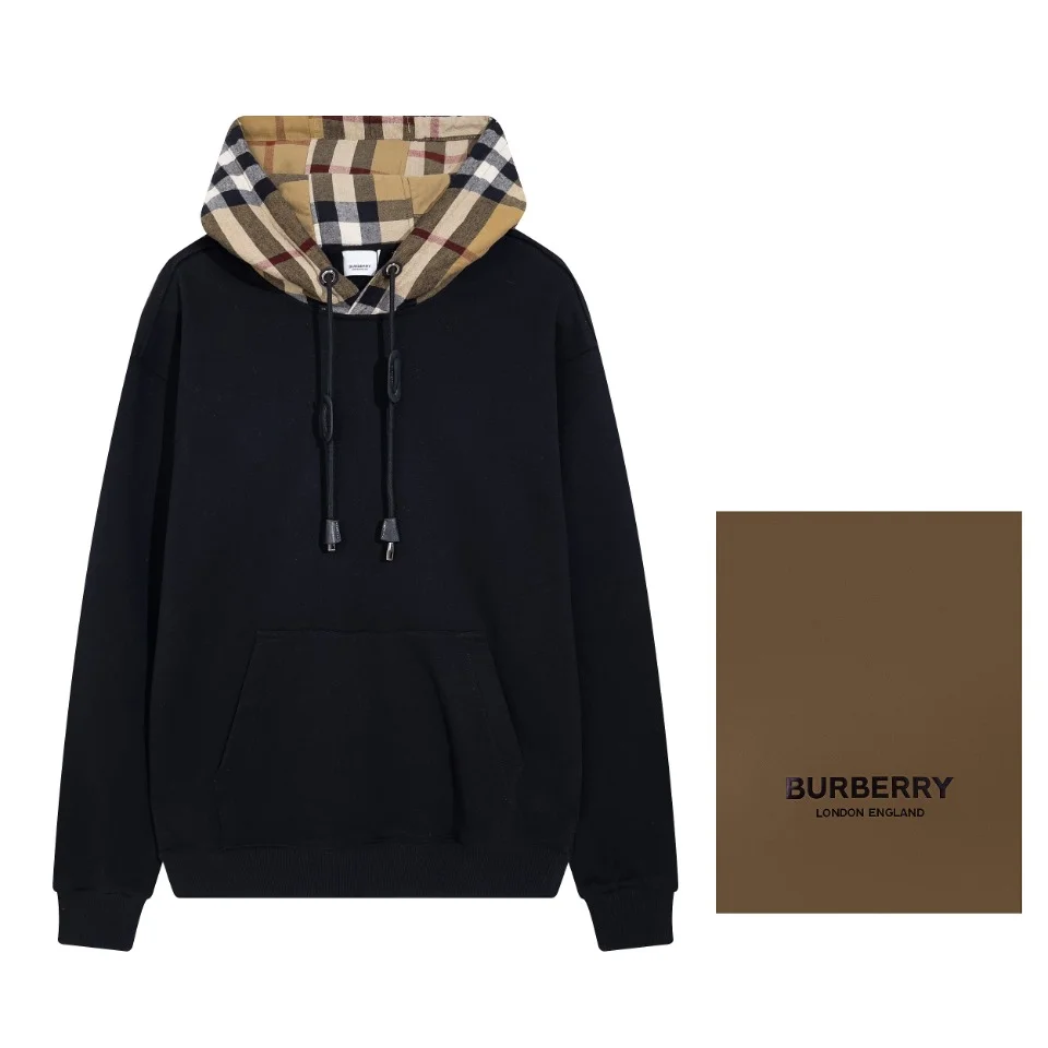 Burberry Black Plaid-Paneled Hooded Cotton Sweatshirt
