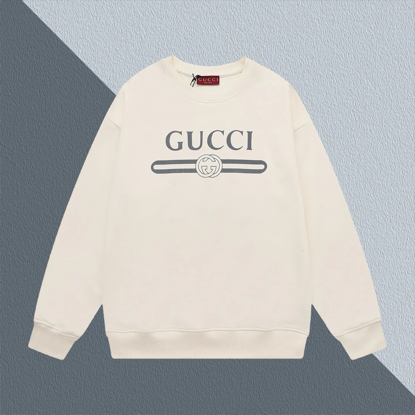 Gucci White Crew-Neck Sweatshirt with Logo & Interlocking G Belt Print