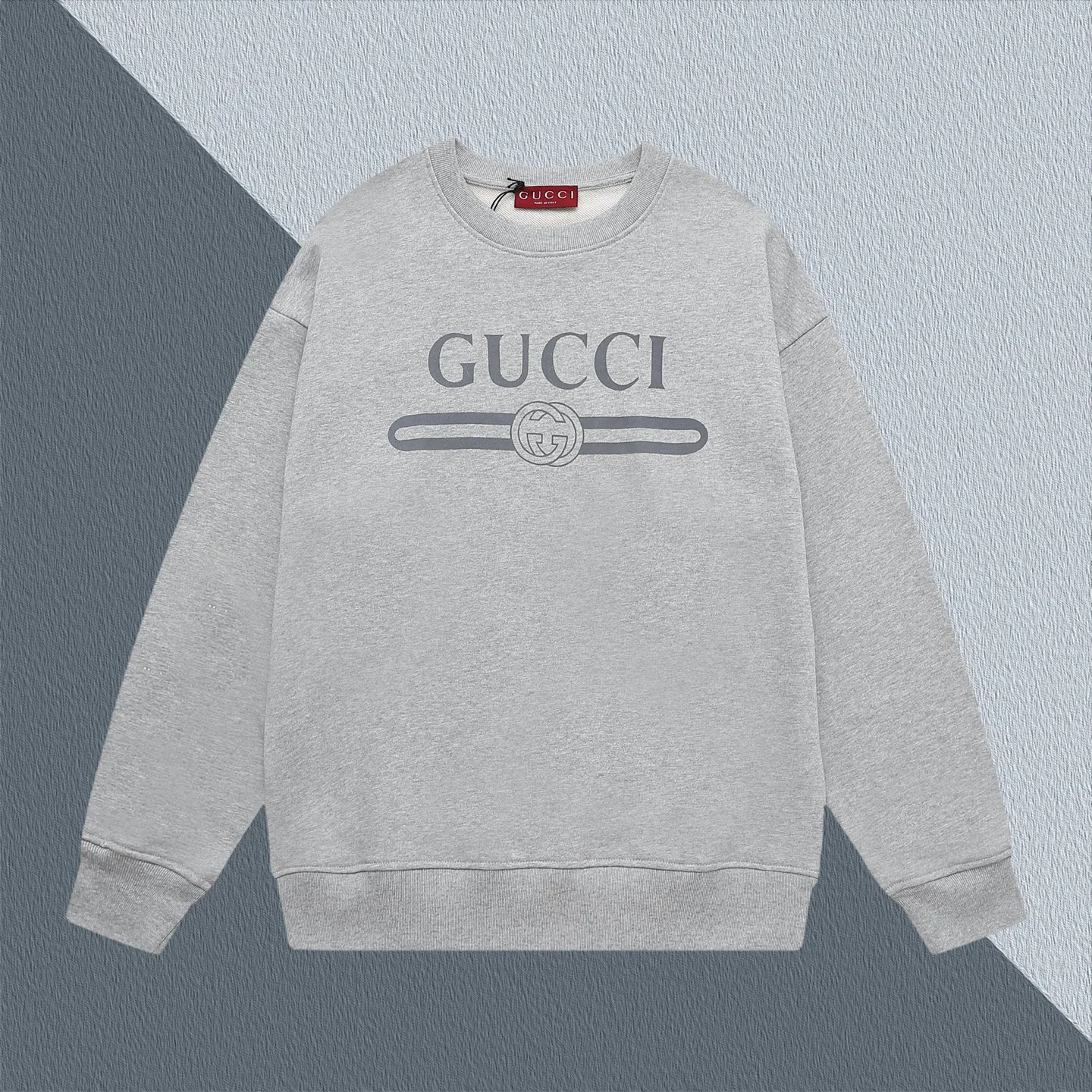 Gucci Gray Crew Neck Sweatshirt with Logo & Interlocking G Belt Print