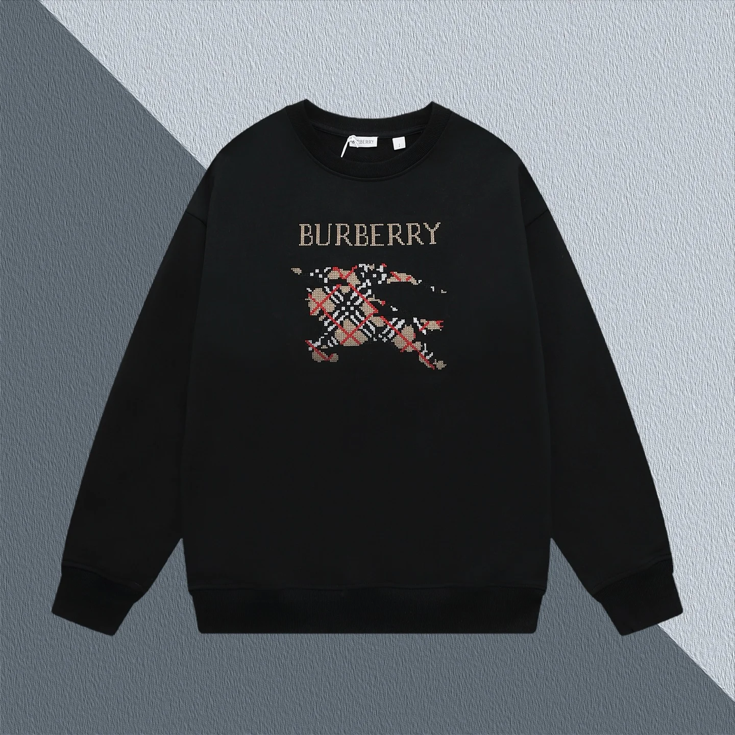 Burberry Black Crew Neck Sweatshirt with Knight Badge Embroidery