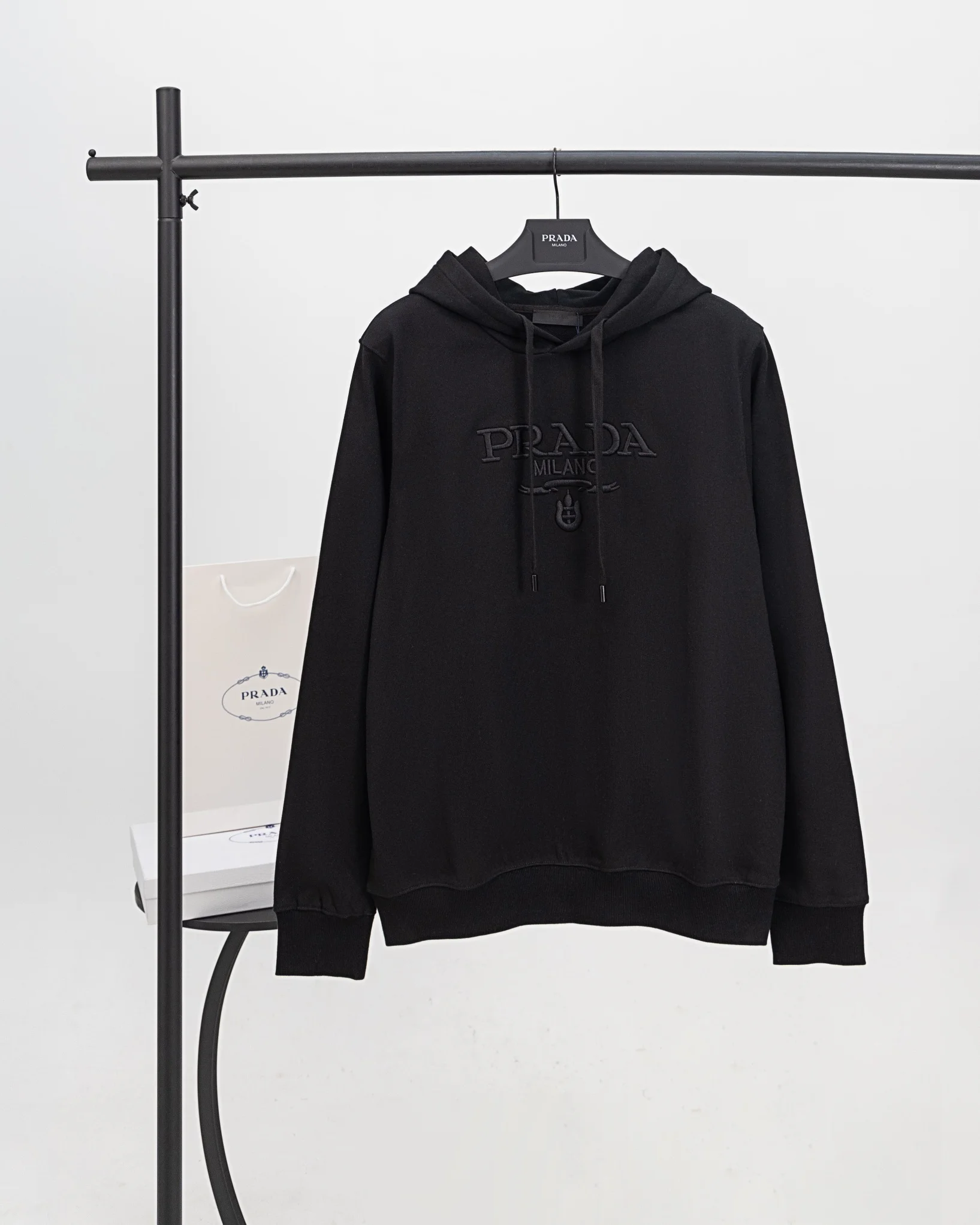 Prada Black Hoodie with Classic 3D Embroidered Logo