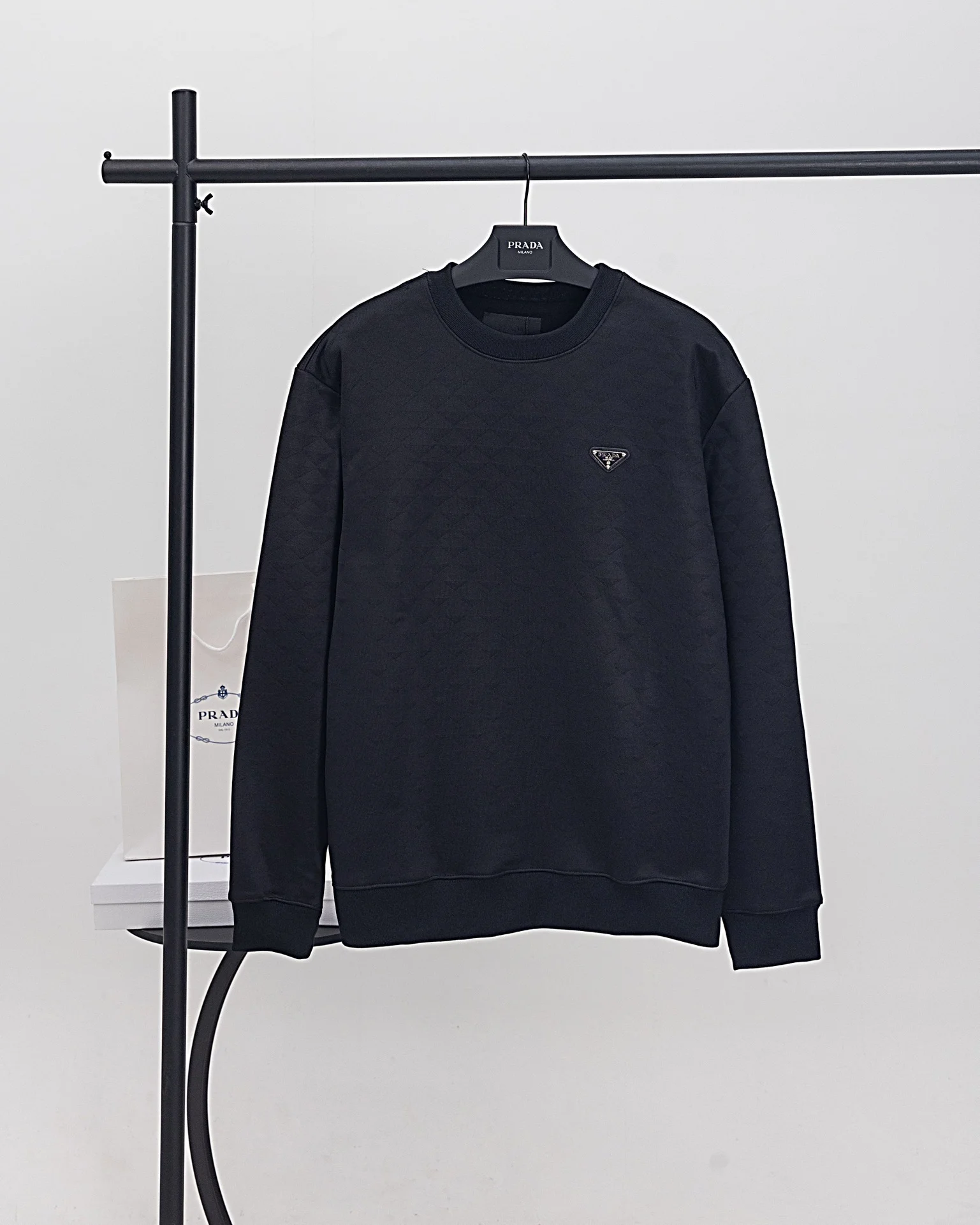 Prada Black Crewneck Sweatshirt with Triangle Gradient Jacquard