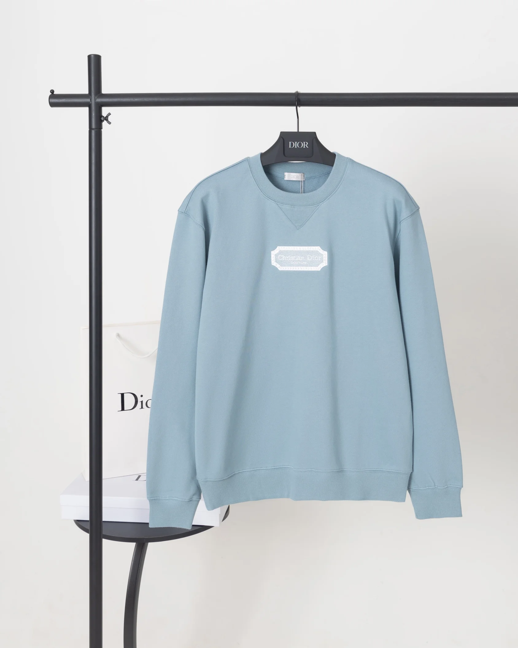 Dior 2024AW Blue Crew Neck Sweatshirt with Silver Logo Embroidery