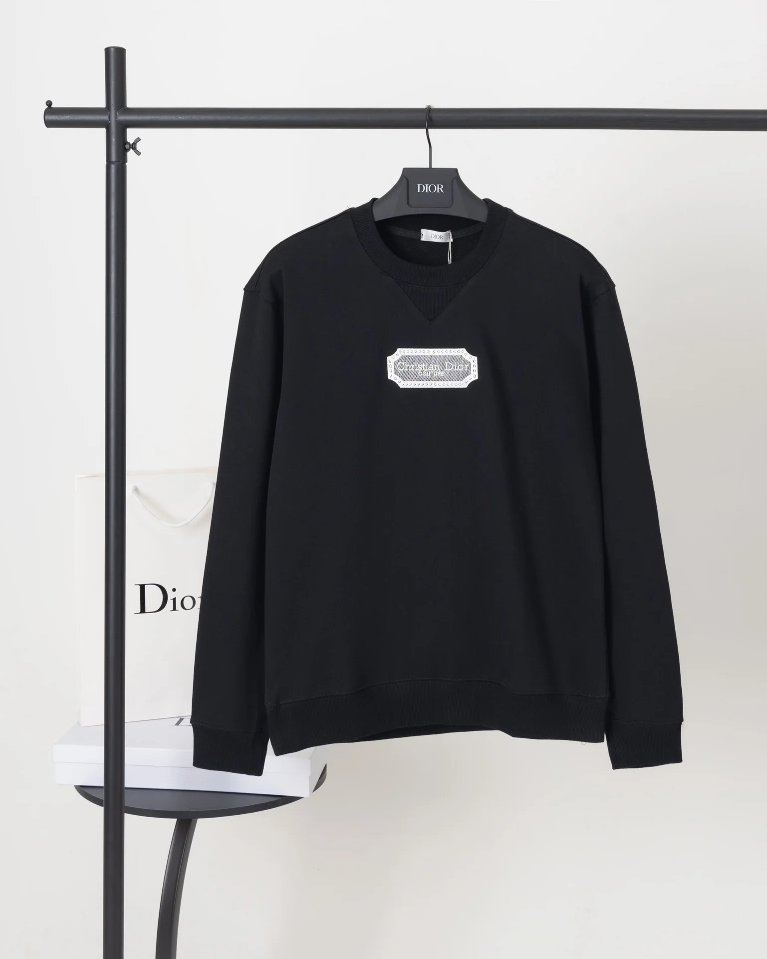 Dior 2024AW Black Crew Neck Sweatshirt with Silver Logo Embroidery