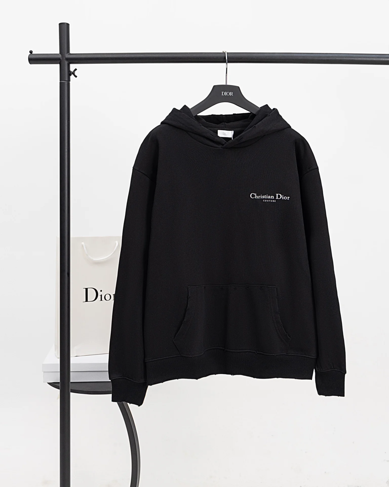 Dior Black Distressed Hoodie with Classic Logo