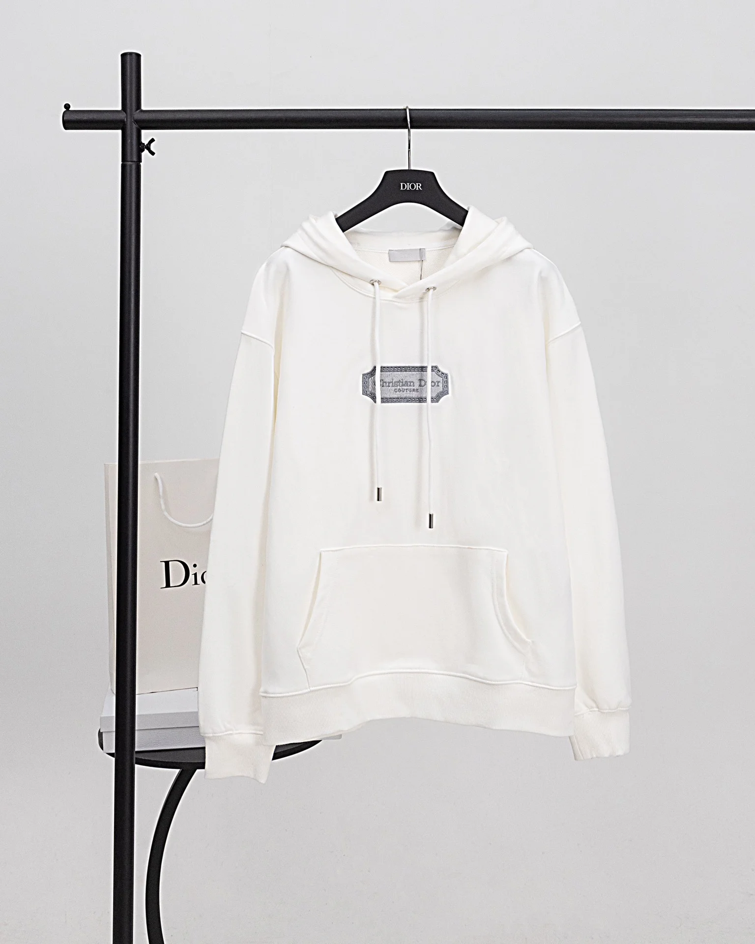 Dior White Hoodie with Chest Square Logo Embroidery