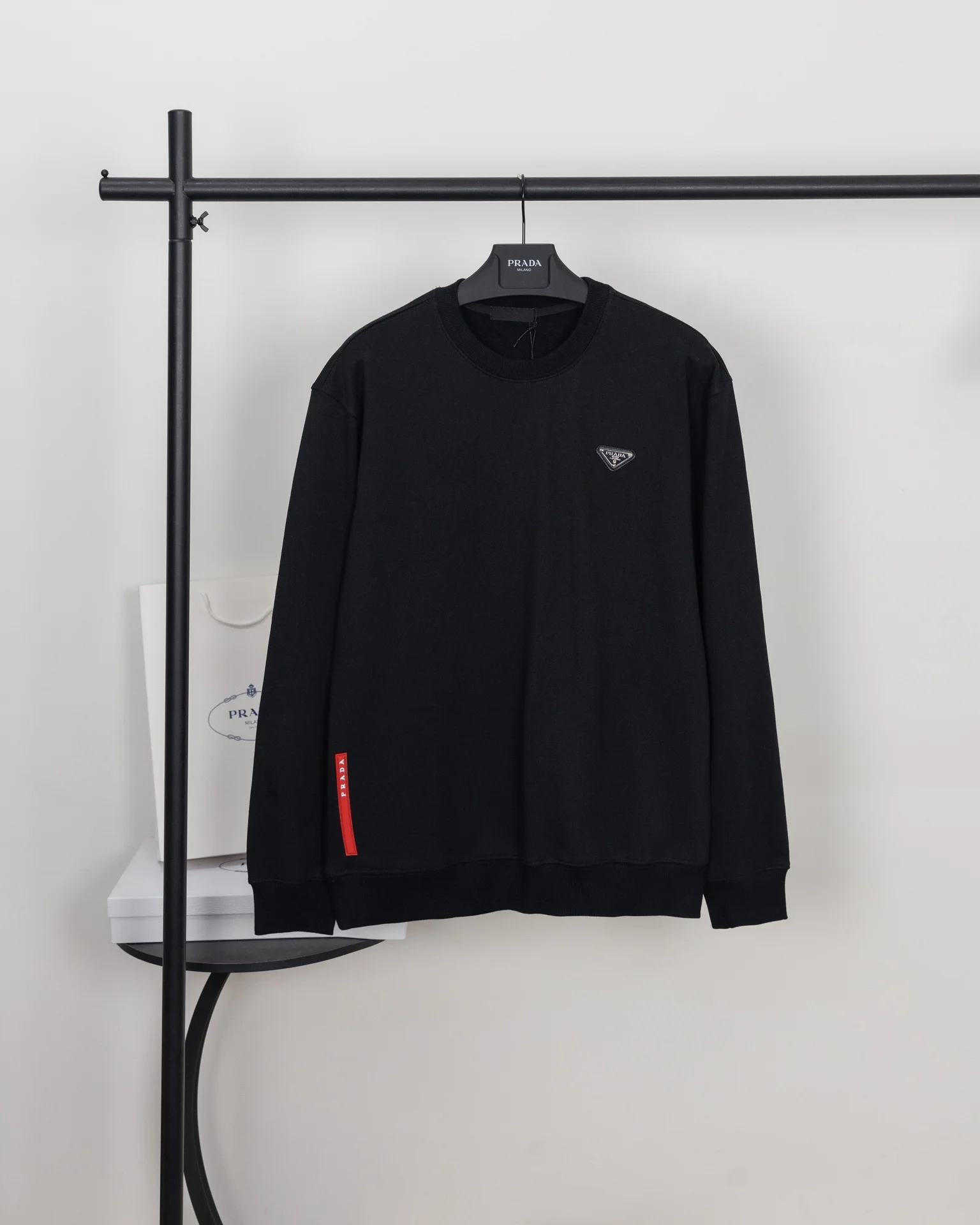 Prada 2024SS Black Crew-Neck Sweatshirt with Triangle Logo