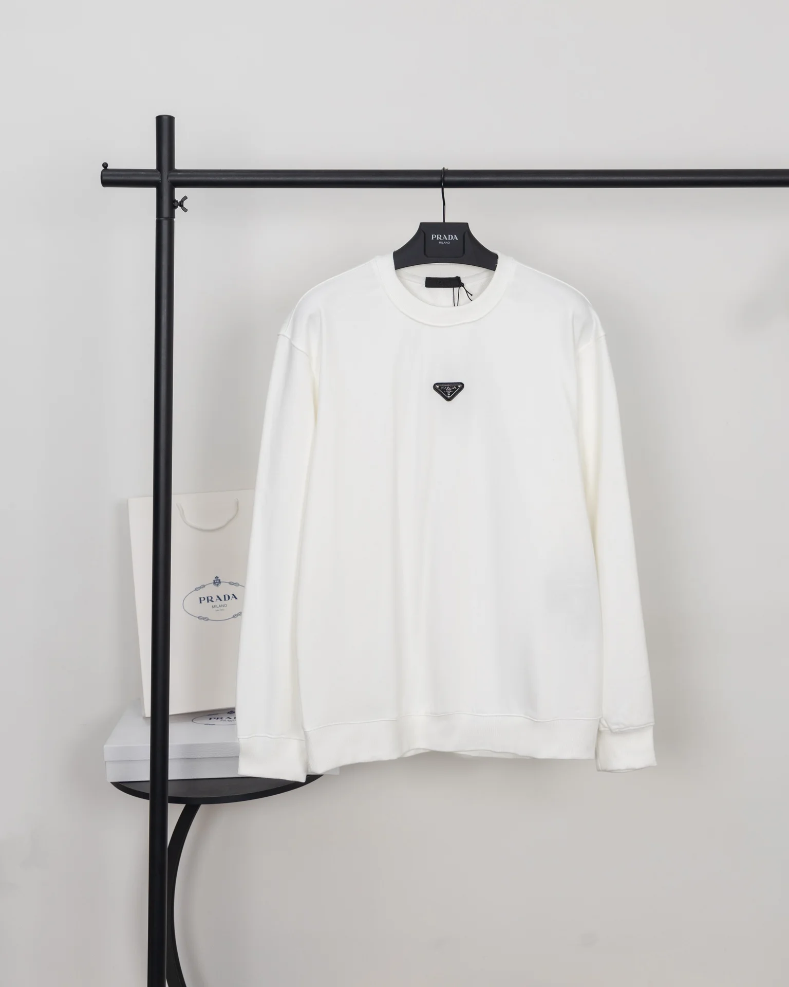Prada White Crew Neck Sweatshirt with Classic Triangle Metal Logo