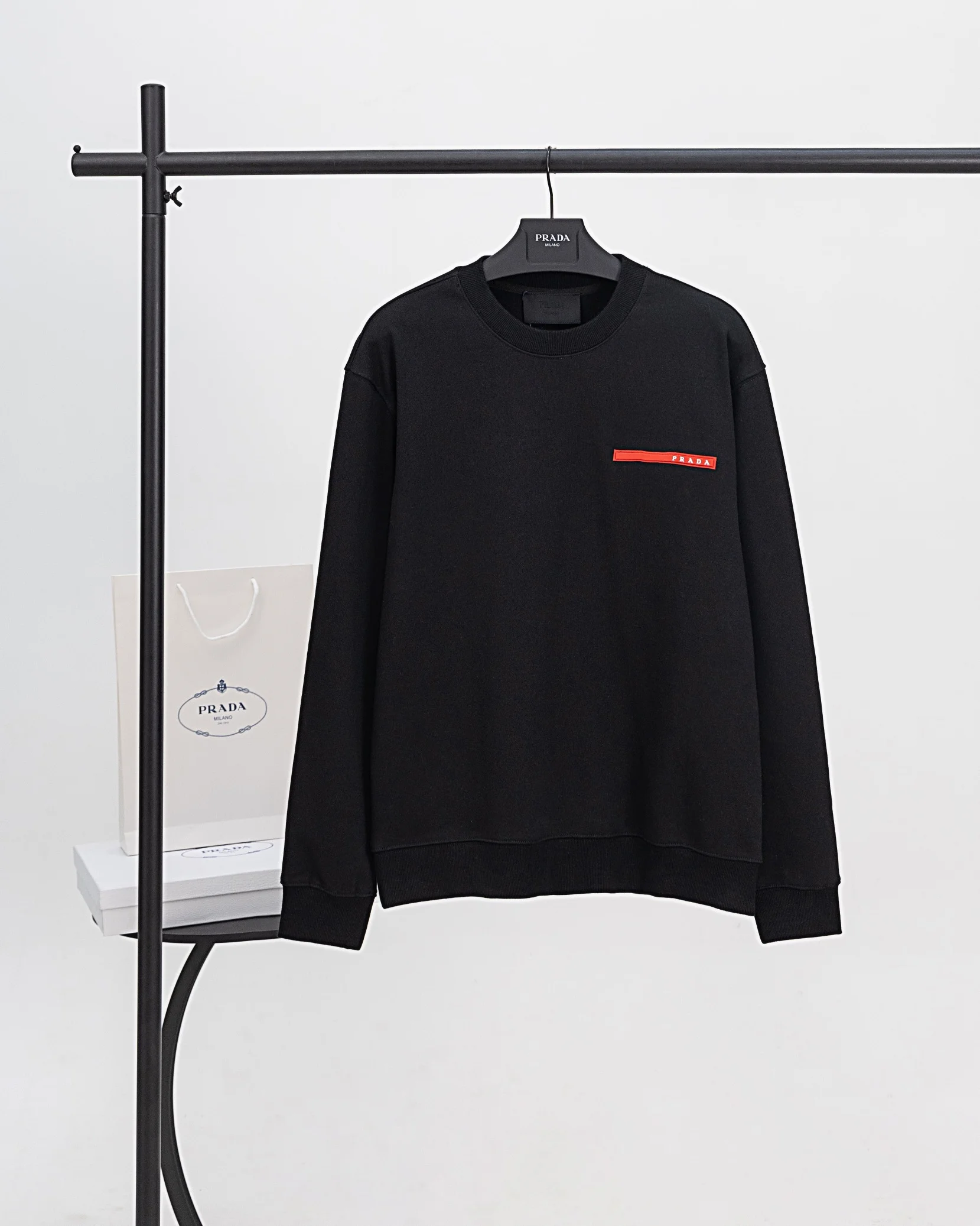 Prada Black Crew Neck Sweatshirt with Red Silicone Strip Logo
