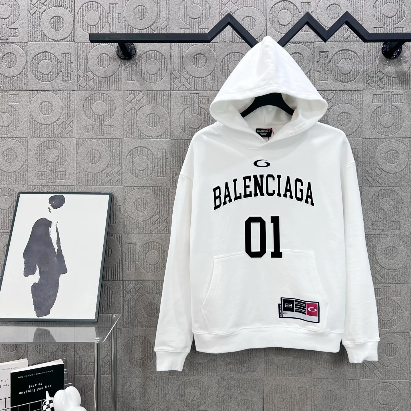 Balenciaga White Basketball Hoodie with Flocked Logo & "01" Print