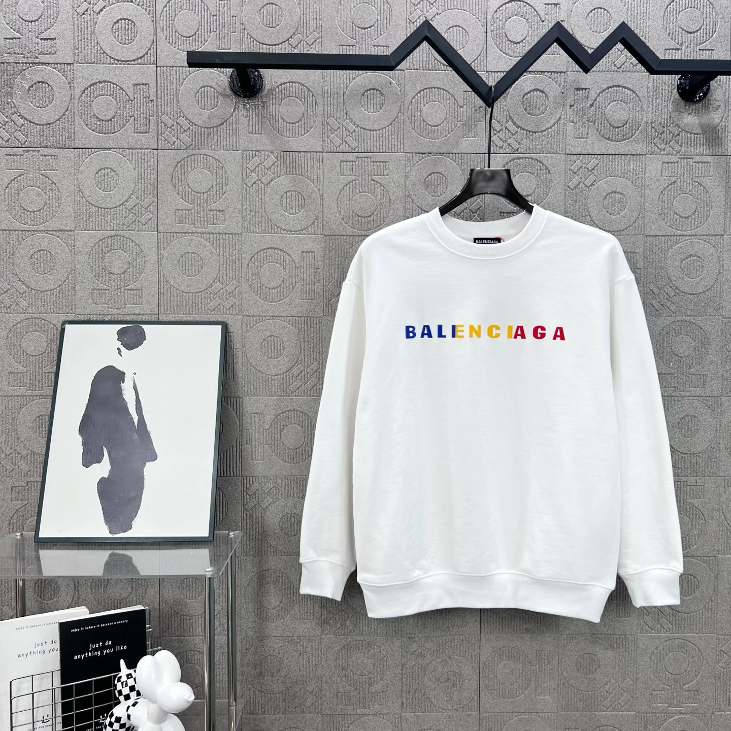 Balenciaga 2025 White Crewneck Sweatshirt with Colorful Logo Flocking
