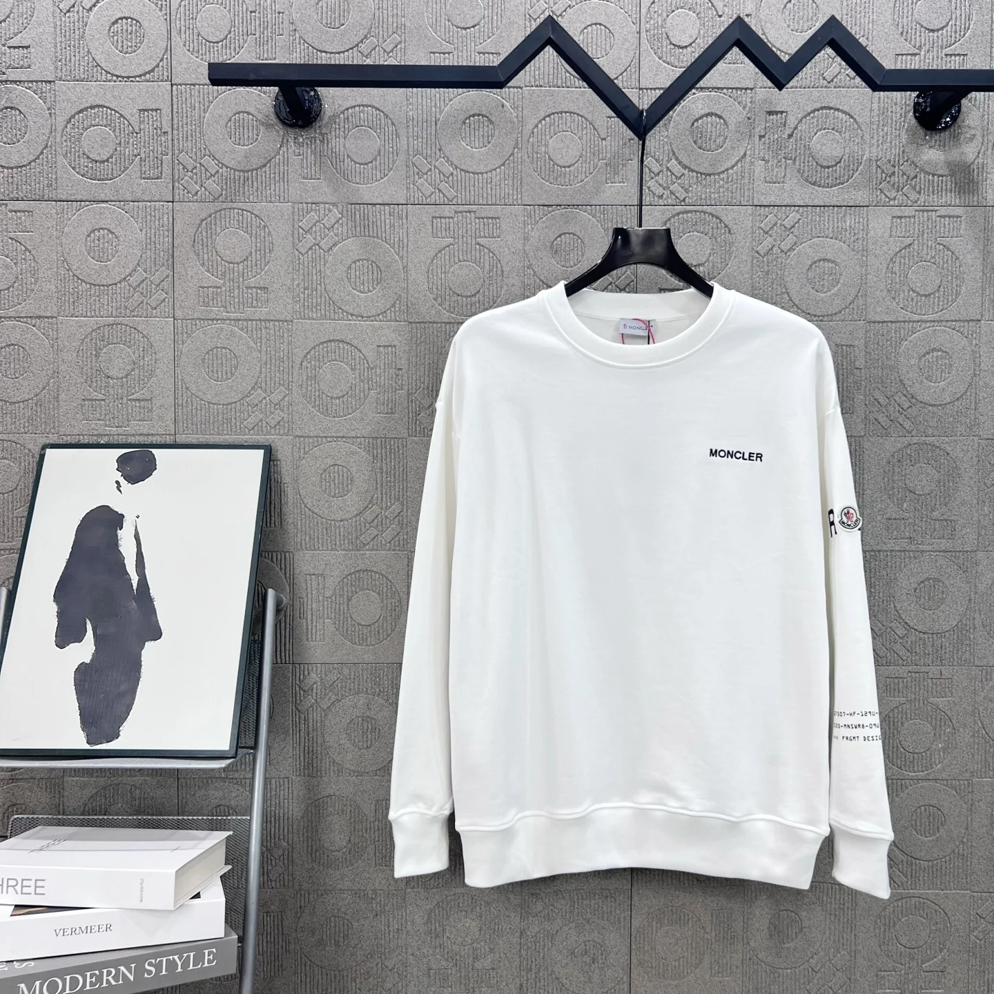 Moncler White Crew Neck Sweatshirt with Logo Embroidery