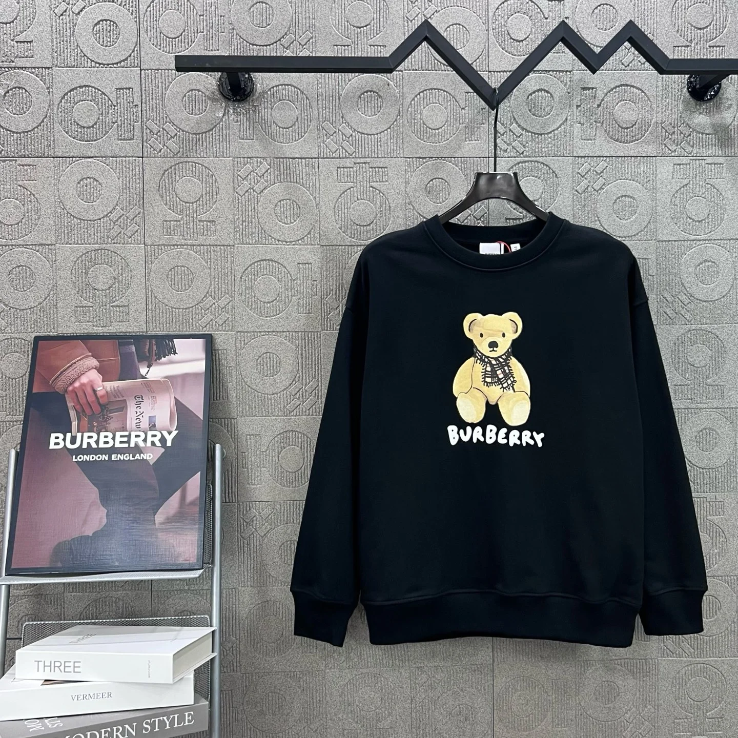 Burberry Black Crew Neck Sweatshirt with Cartoon Scarf Teddy Bear
