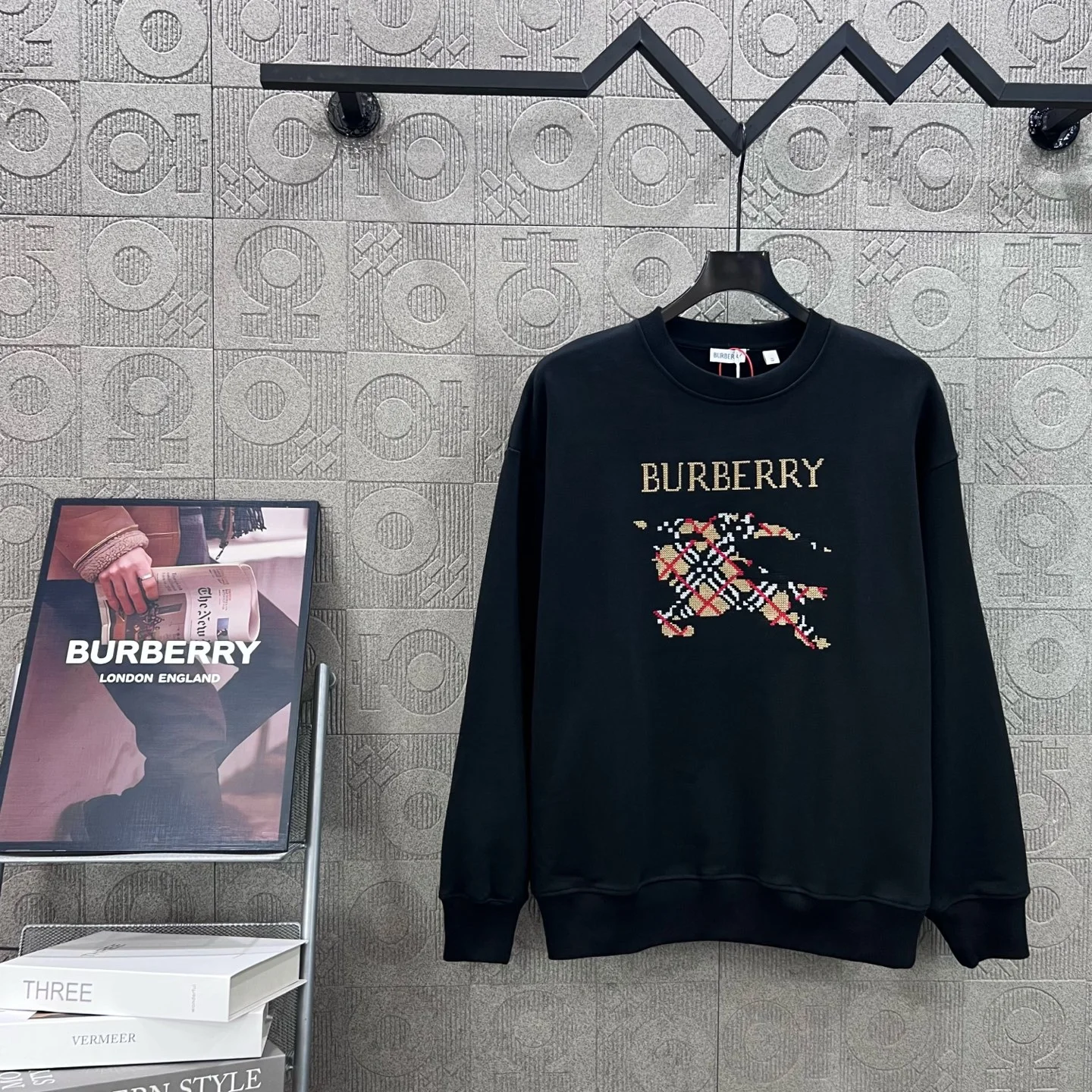 Burberry Black Crew Neck Sweatshirt with Horse Embroidery