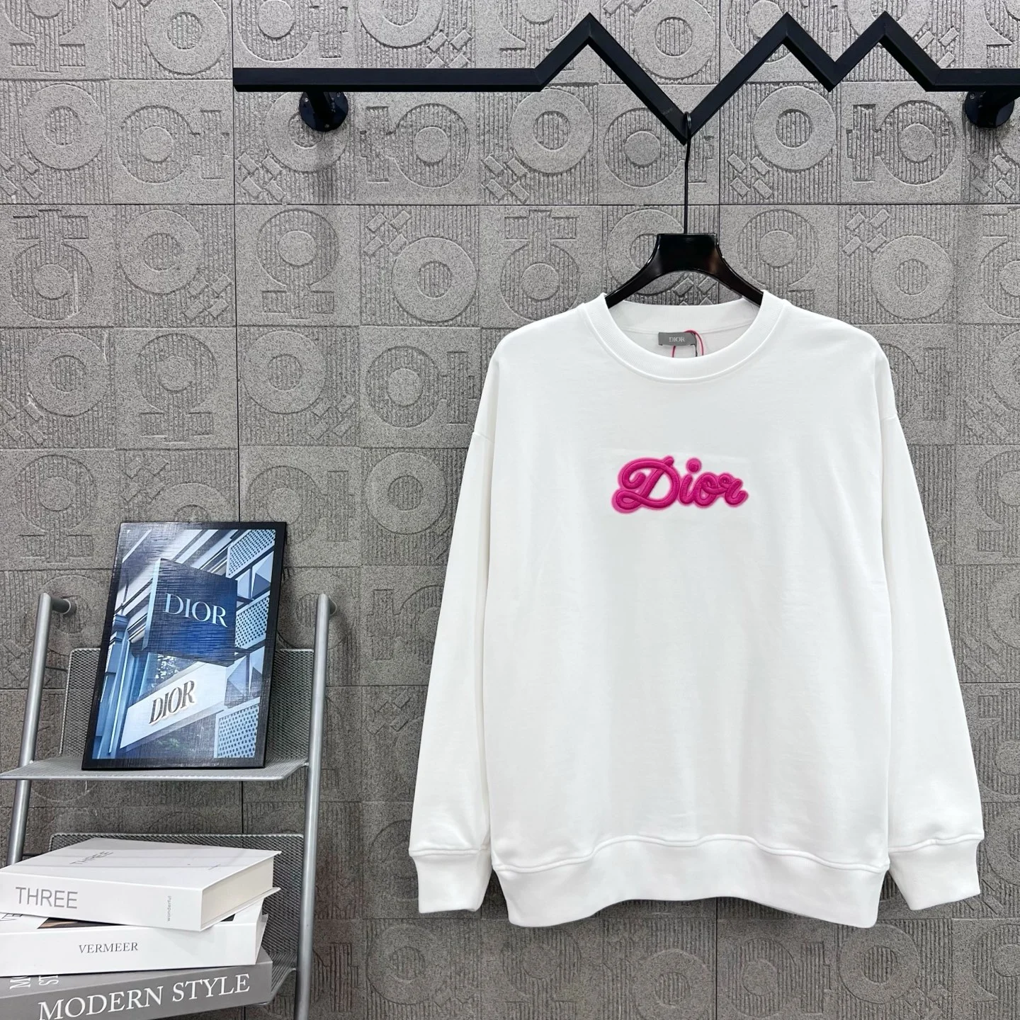 Dior White Crew Neck Sweatshirt with Neon Logo Embroidery