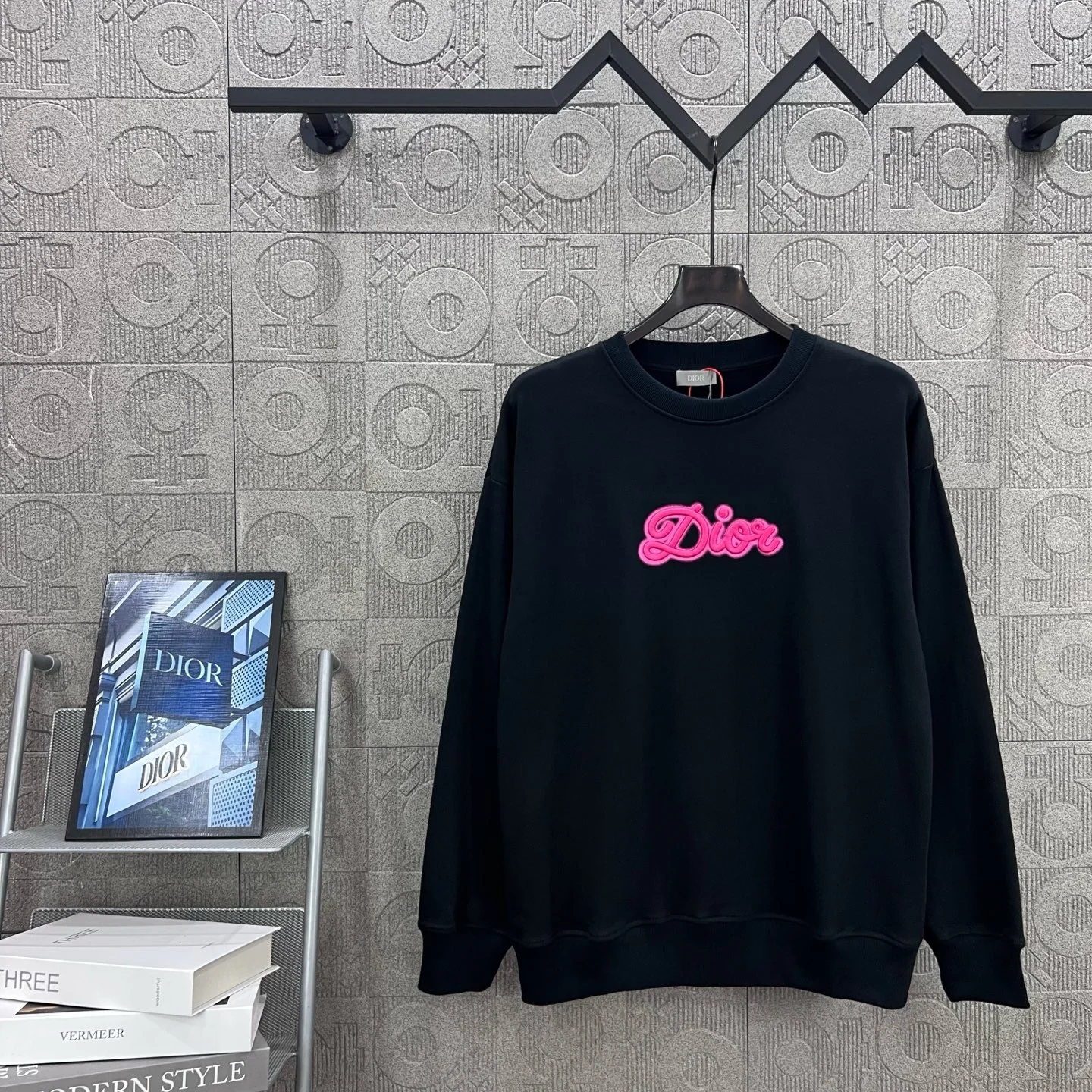 Dior Black Crew Neck Sweatshirt with Neon Logo Embroidery