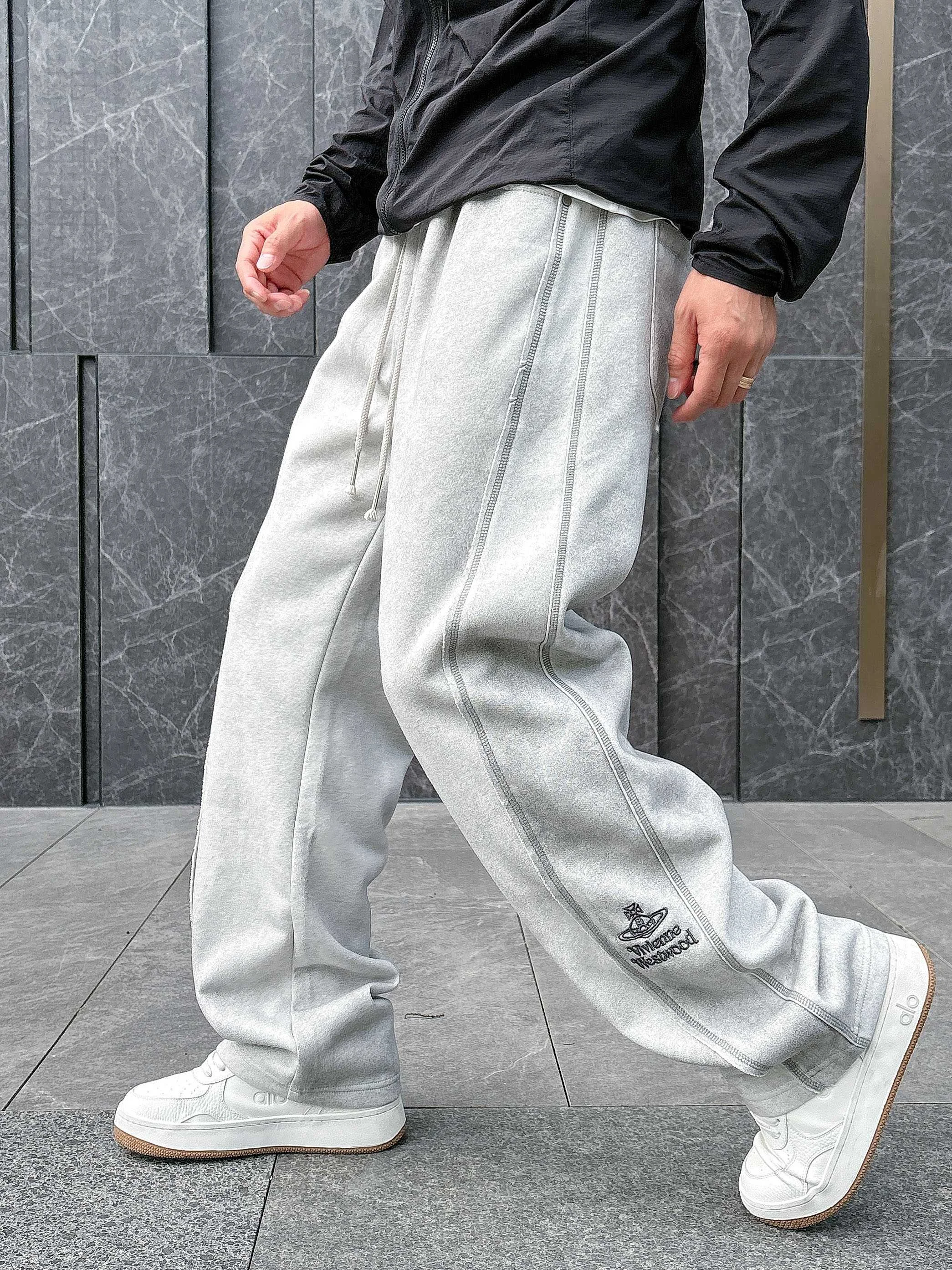 Vivienne Westwood 2025 Autumn Winter Light Gray Casual Pants with Classic Logo Embroidery