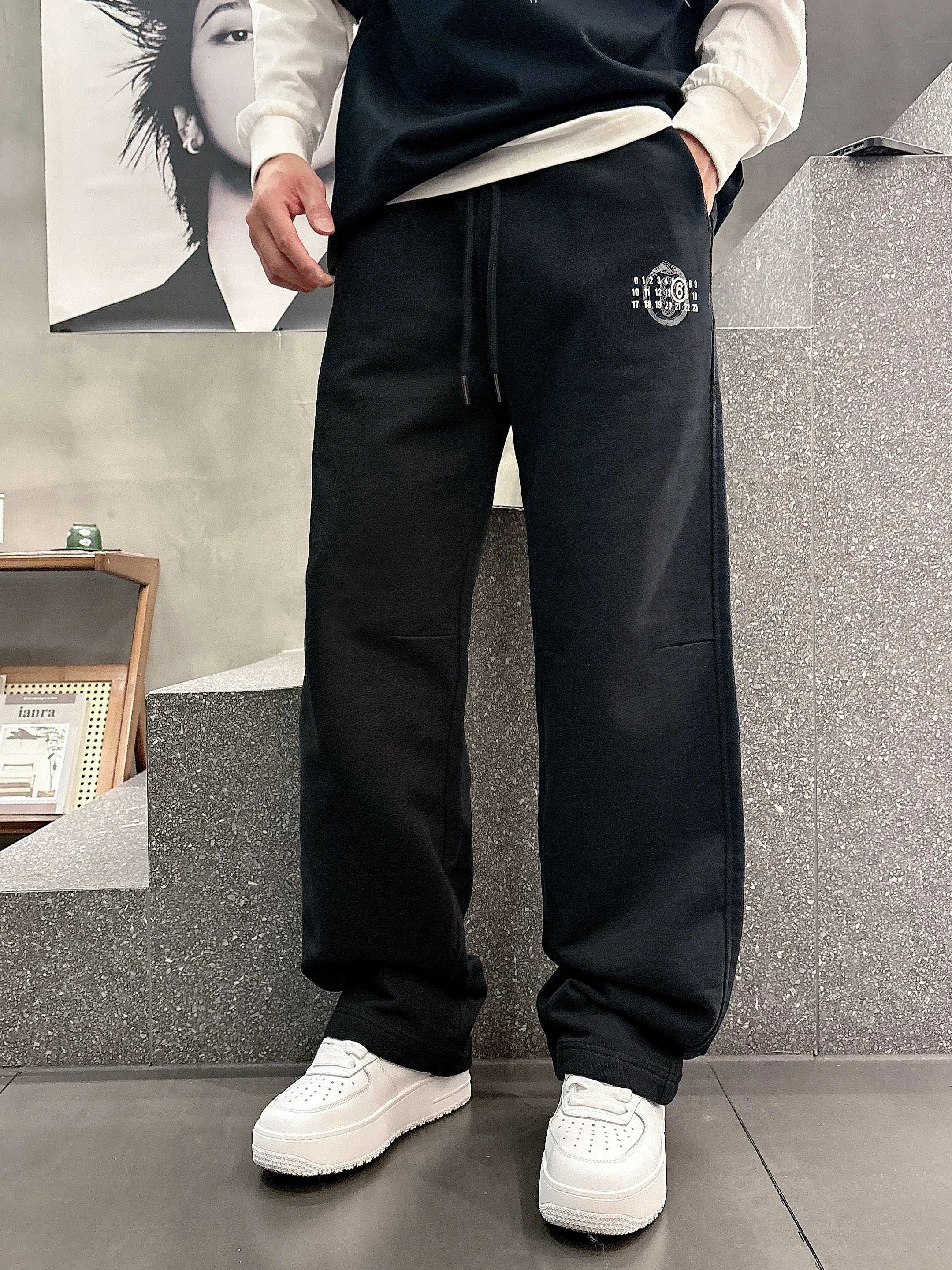 MM6 2025 Autumn Winter Black Casual Pants with Classic Logo, High Comfort