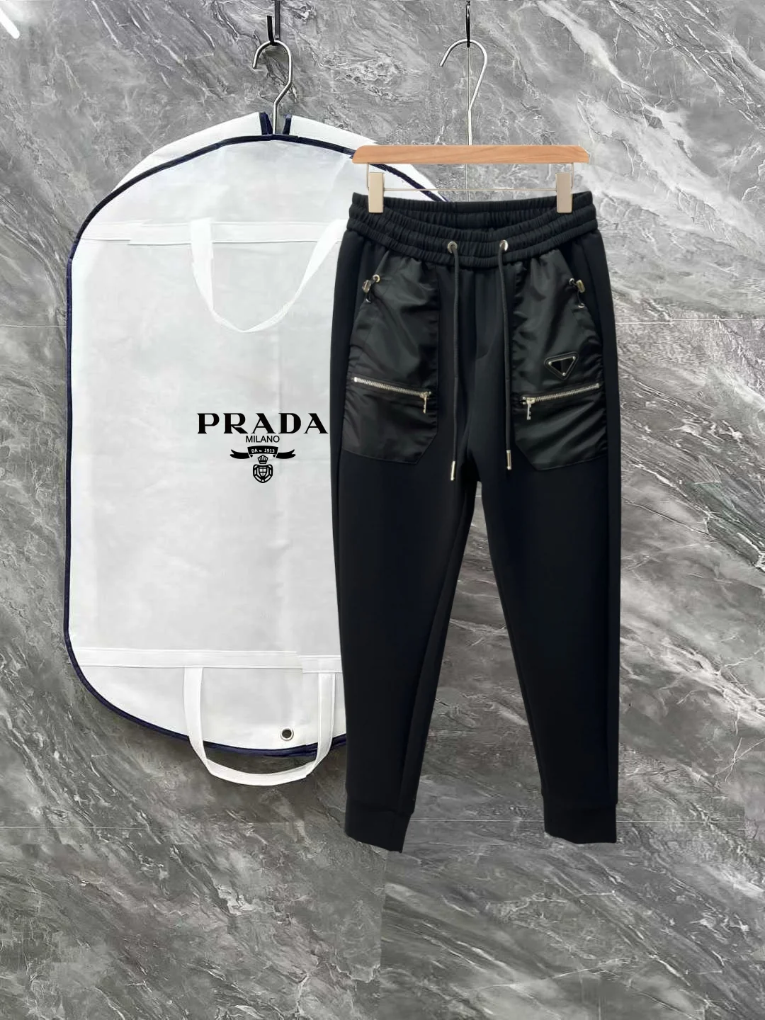 Prada 2025 New Men's Black Casual Sweatpants with 3D Logo & Hardware
